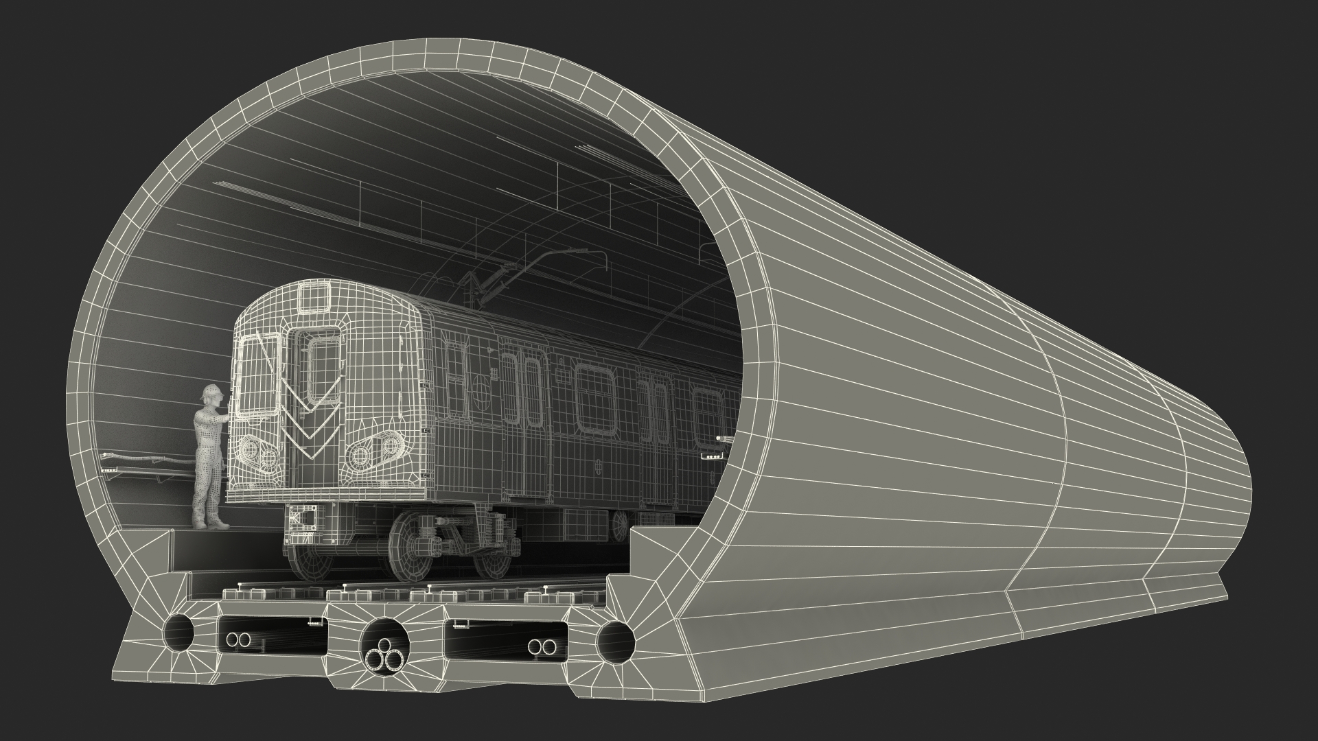 3D Subway Tunnel Section with Train and Worker model