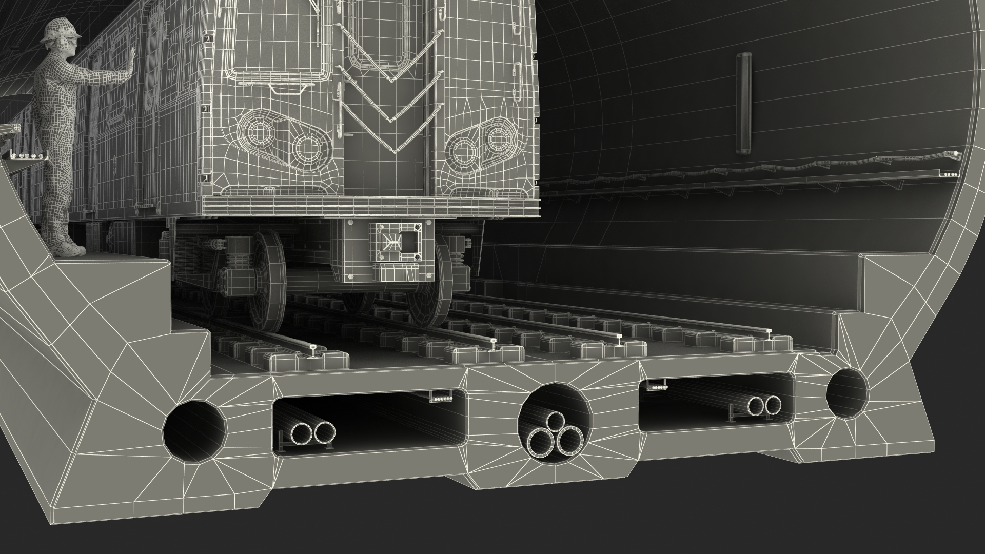 3D Subway Tunnel Section with Train and Worker model