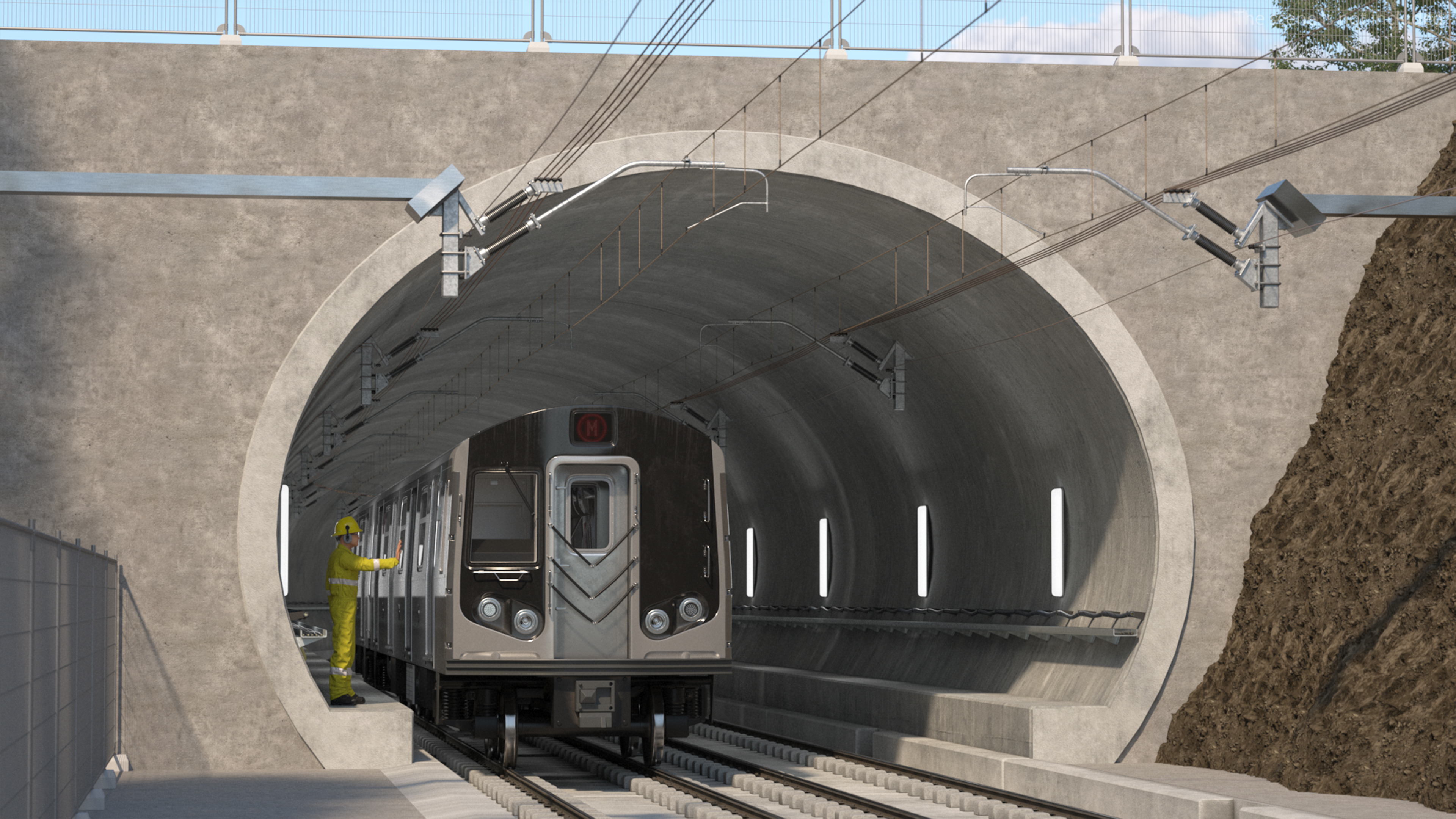 3D Subway Tunnel Section with Train and Worker model