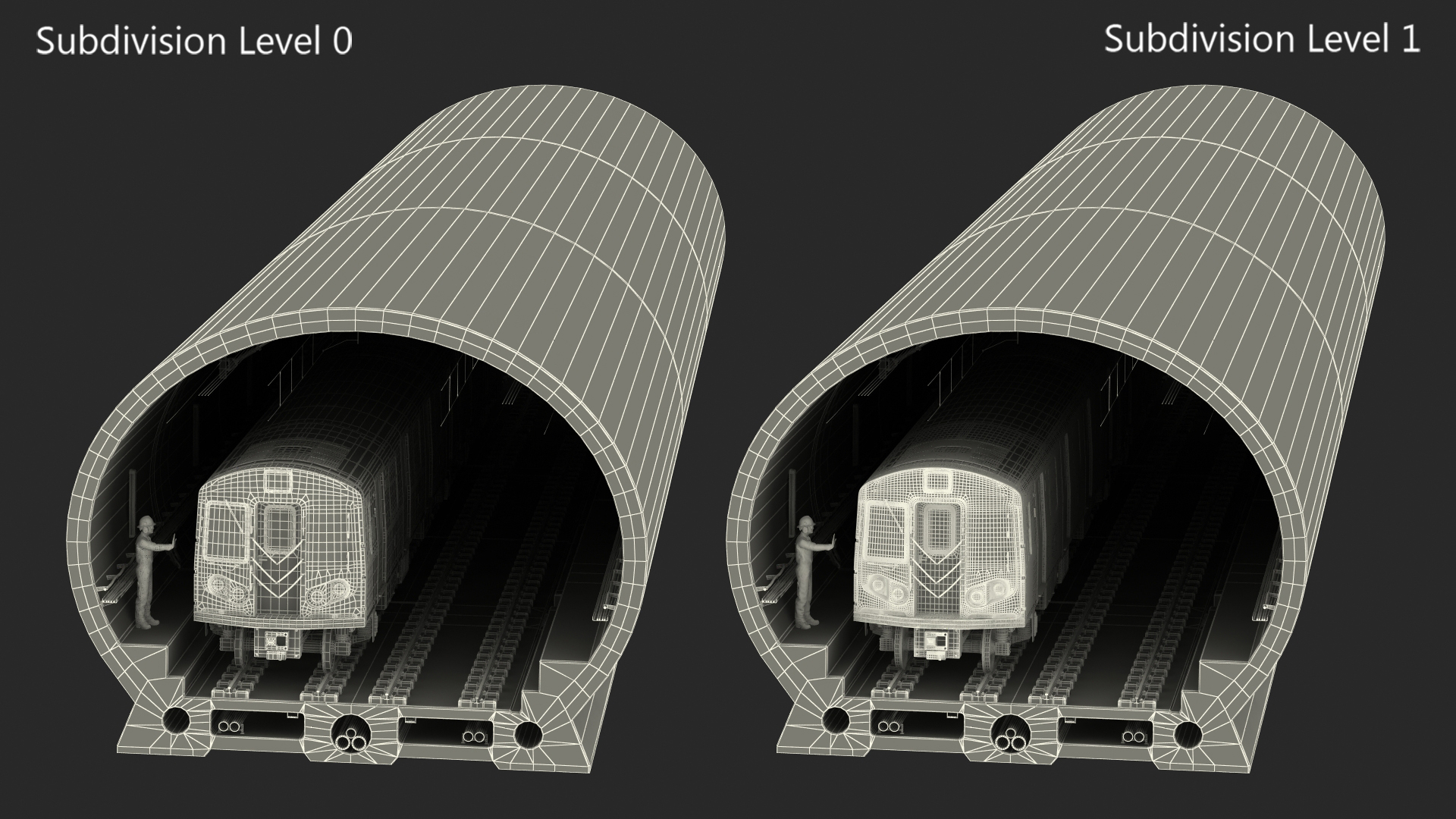 3D Subway Tunnel Section with Train and Worker model