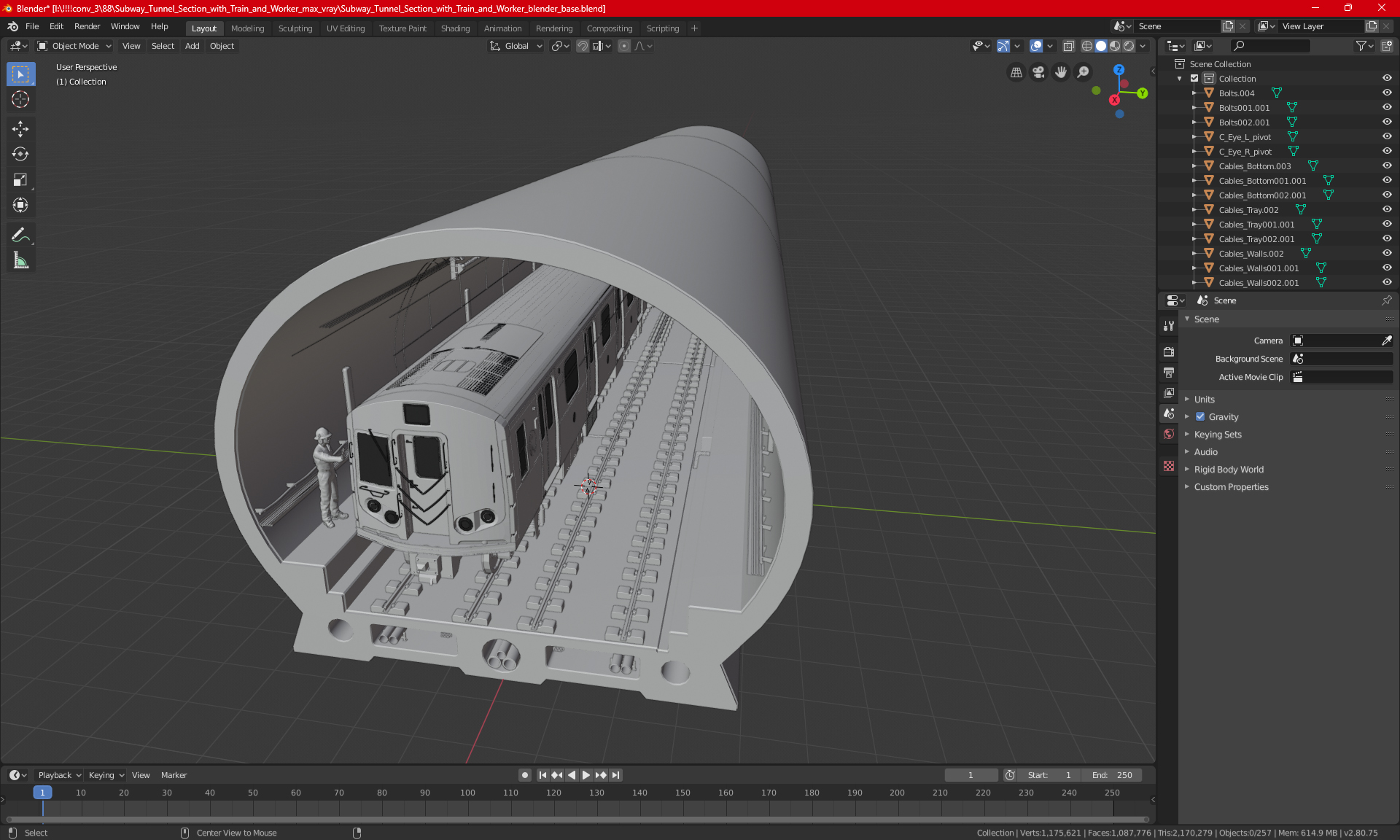 3D Subway Tunnel Section with Train and Worker model