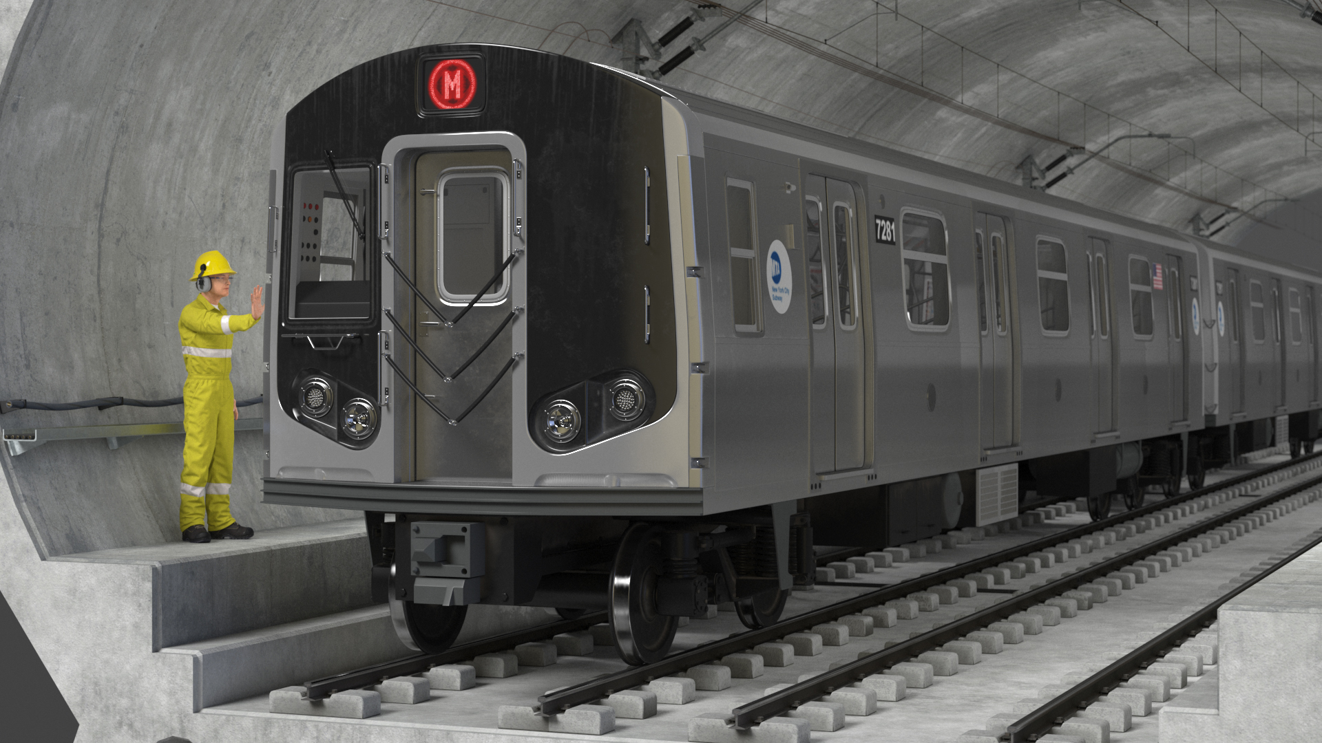 3D Subway Tunnel Section with Train and Worker model