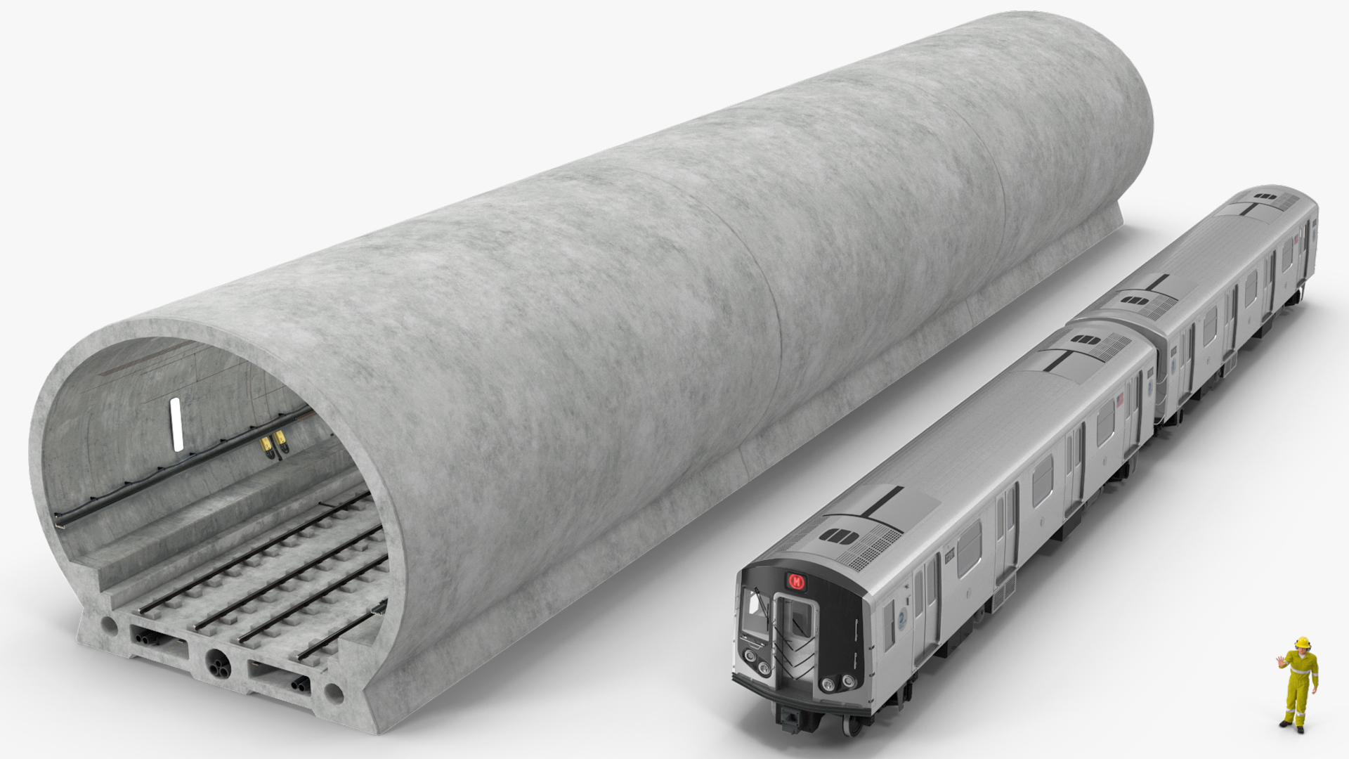 3D Subway Tunnel Section with Train and Worker model