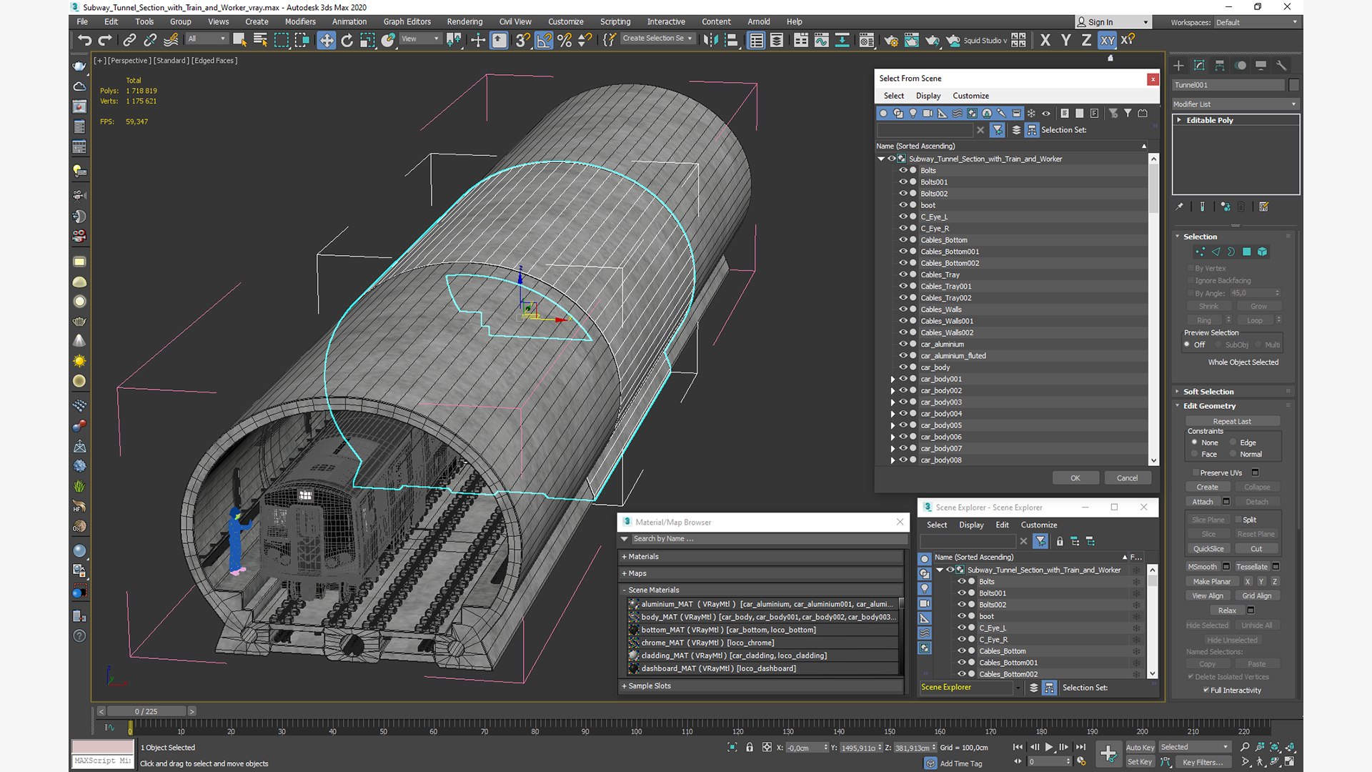 3D Subway Tunnel Section with Train and Worker model