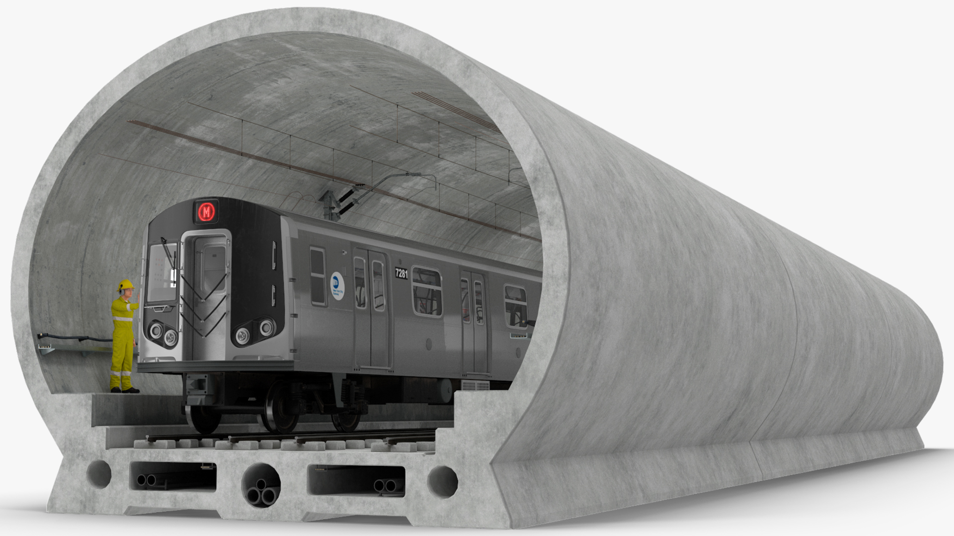 3D Subway Tunnel Section with Train and Worker model
