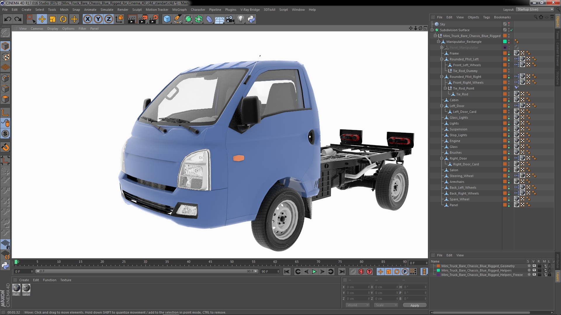 Mini Truck Bare Chassis Blue Rigged for Cinema 4D 3D model