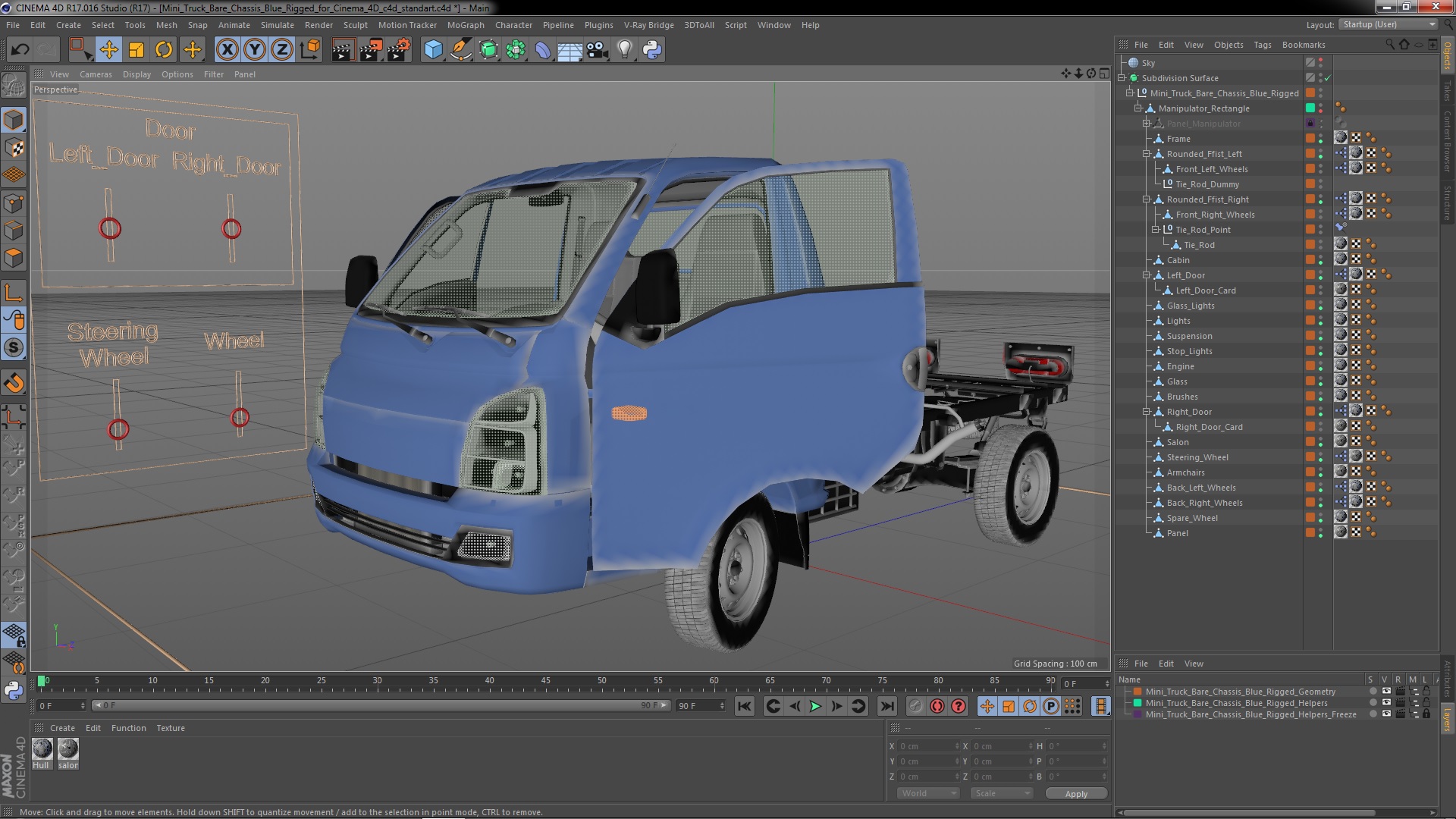 Mini Truck Bare Chassis Blue Rigged for Cinema 4D 3D model