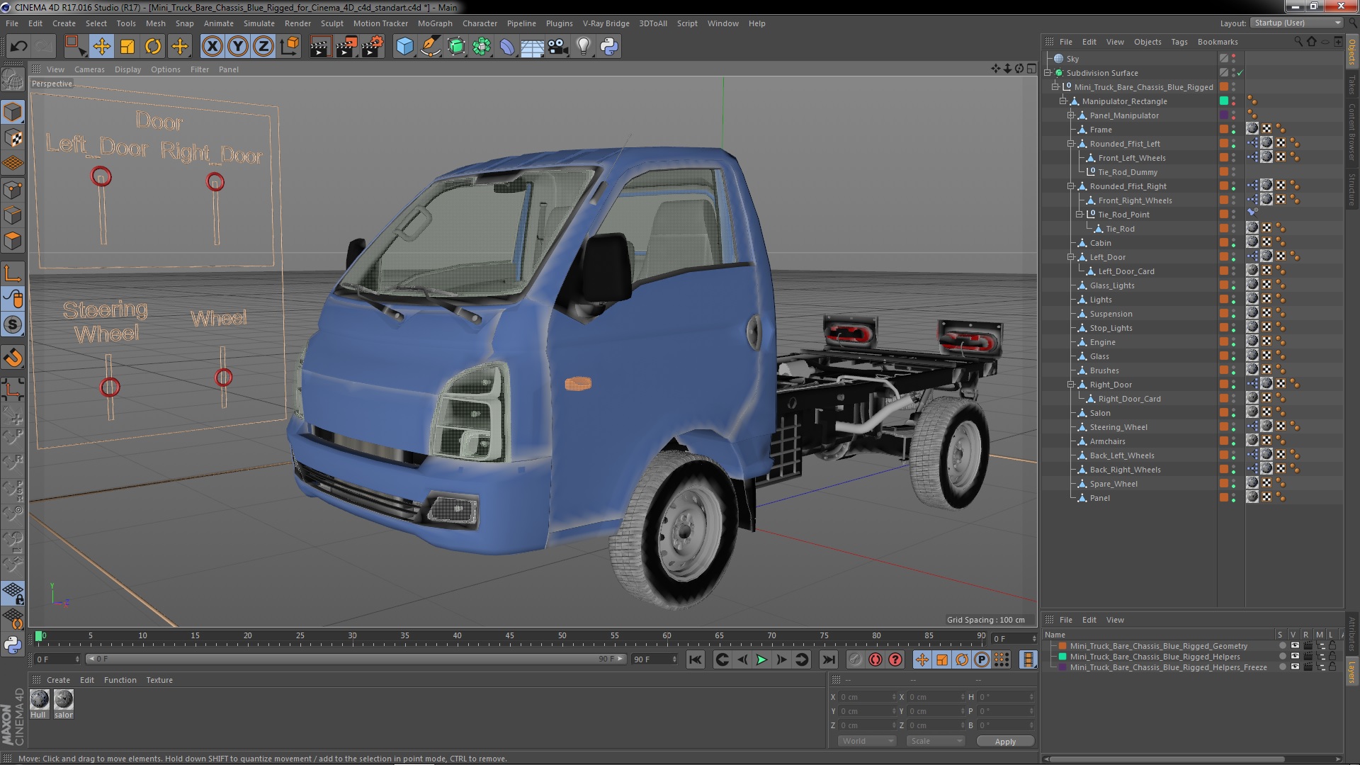 Mini Truck Bare Chassis Blue Rigged for Cinema 4D 3D model