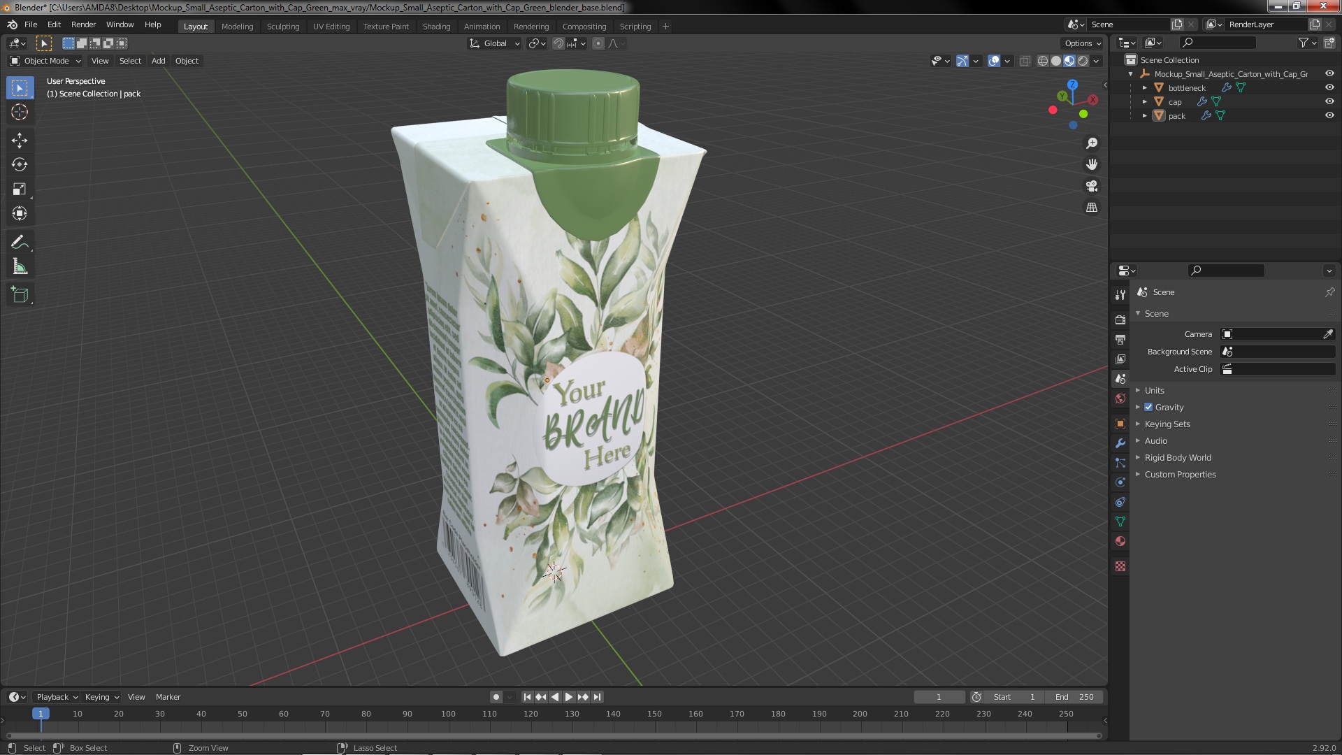 Mockup Small Aseptic Carton with Cap Green 3D