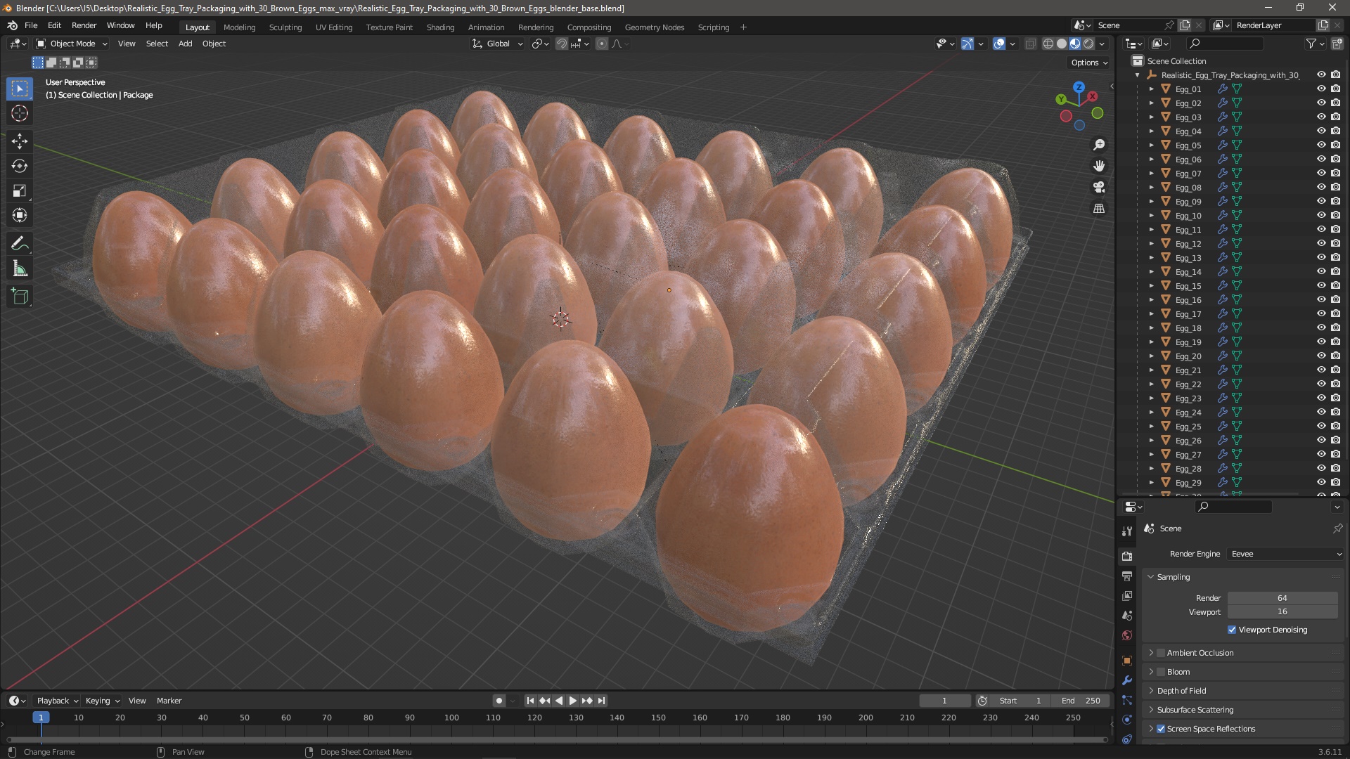 Realistic Egg Tray Packaging with 30 Brown Eggs 3D