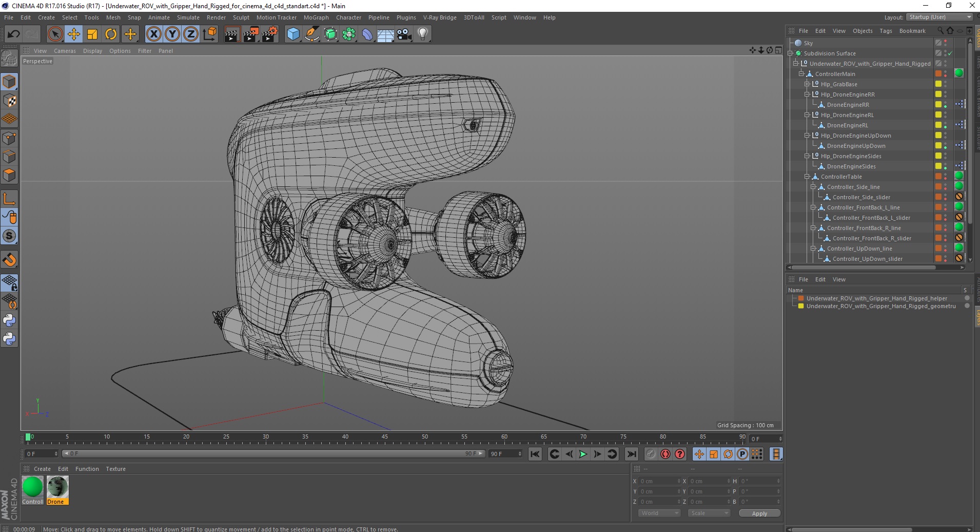 3D Underwater ROV with Gripper Hand Rigged for Cinema 4D model