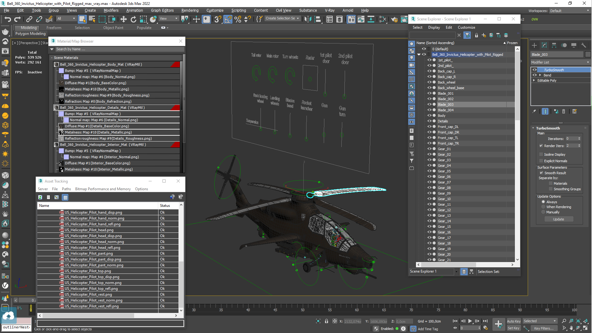 3D Bell 360 Invictus Helicopter with Pilot Rigged