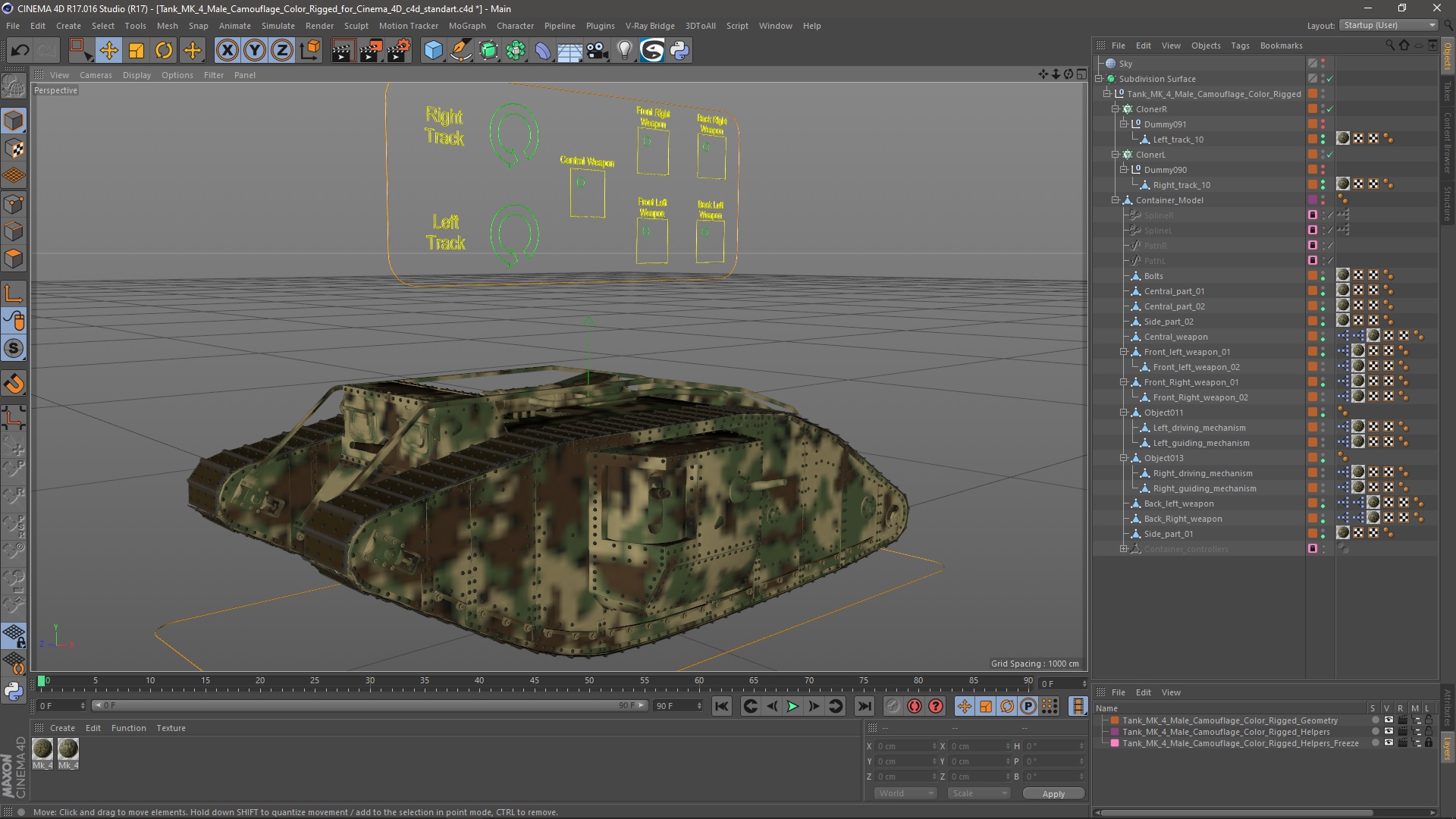 Tank MK 4 Male Camouflage Color Rigged for Cinema 4D 3D