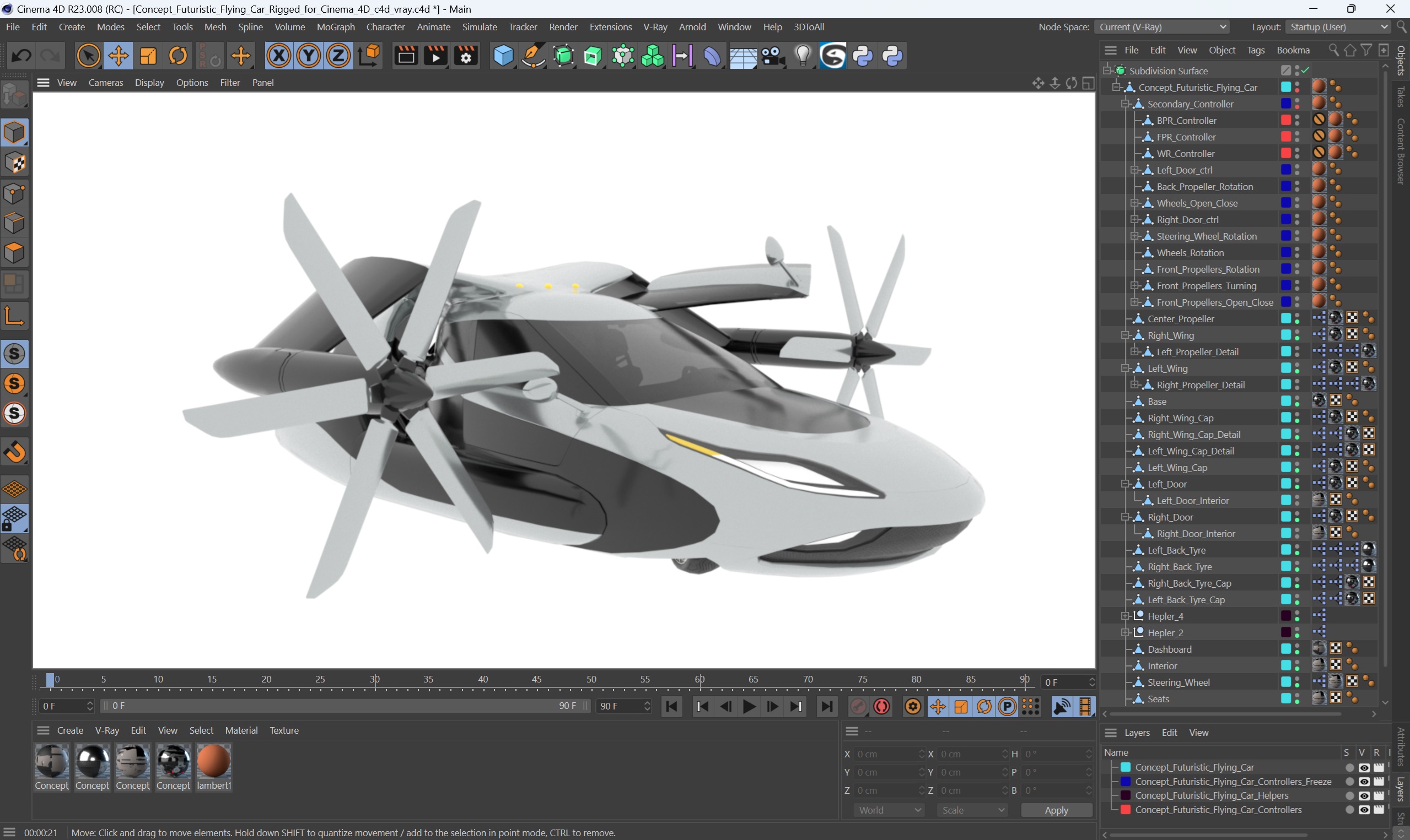 3D model Concept Futuristic Flying Car Rigged for Cinema 4D