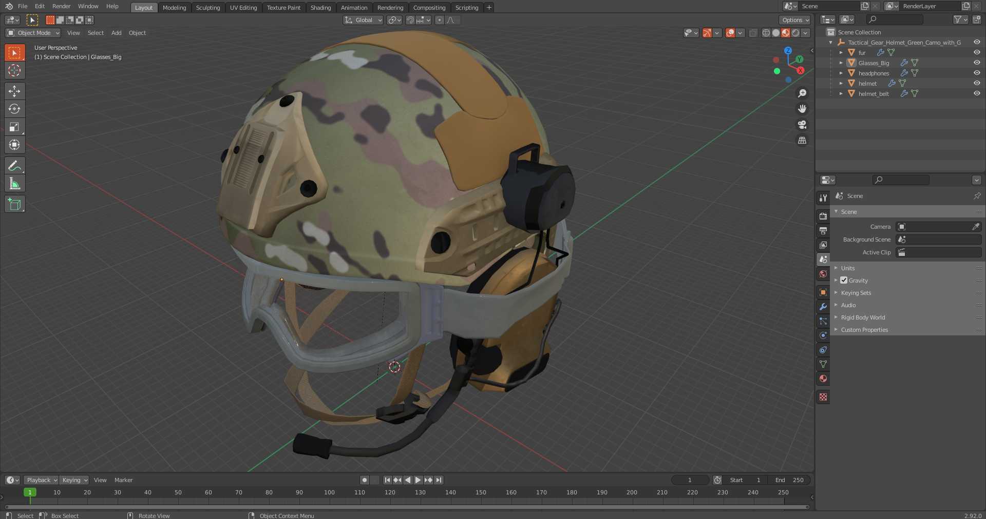 Tactical Gear Helmet Green Camo with Goggles 3D model