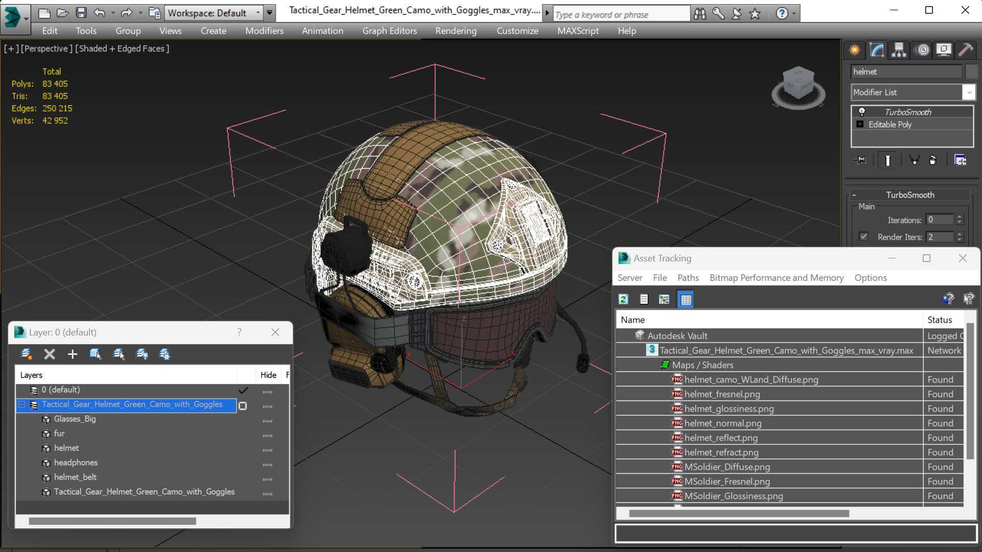 Tactical Gear Helmet Green Camo with Goggles 3D model