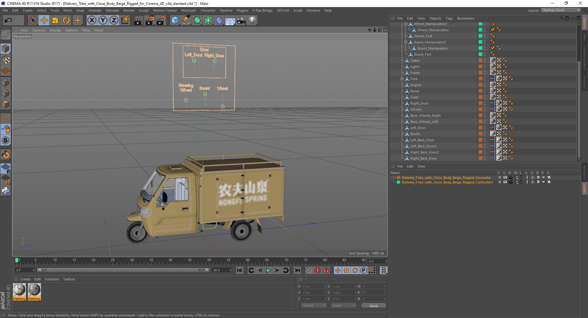 Delivery Trike with Close Body Beige Rigged for Cinema 4D 3D