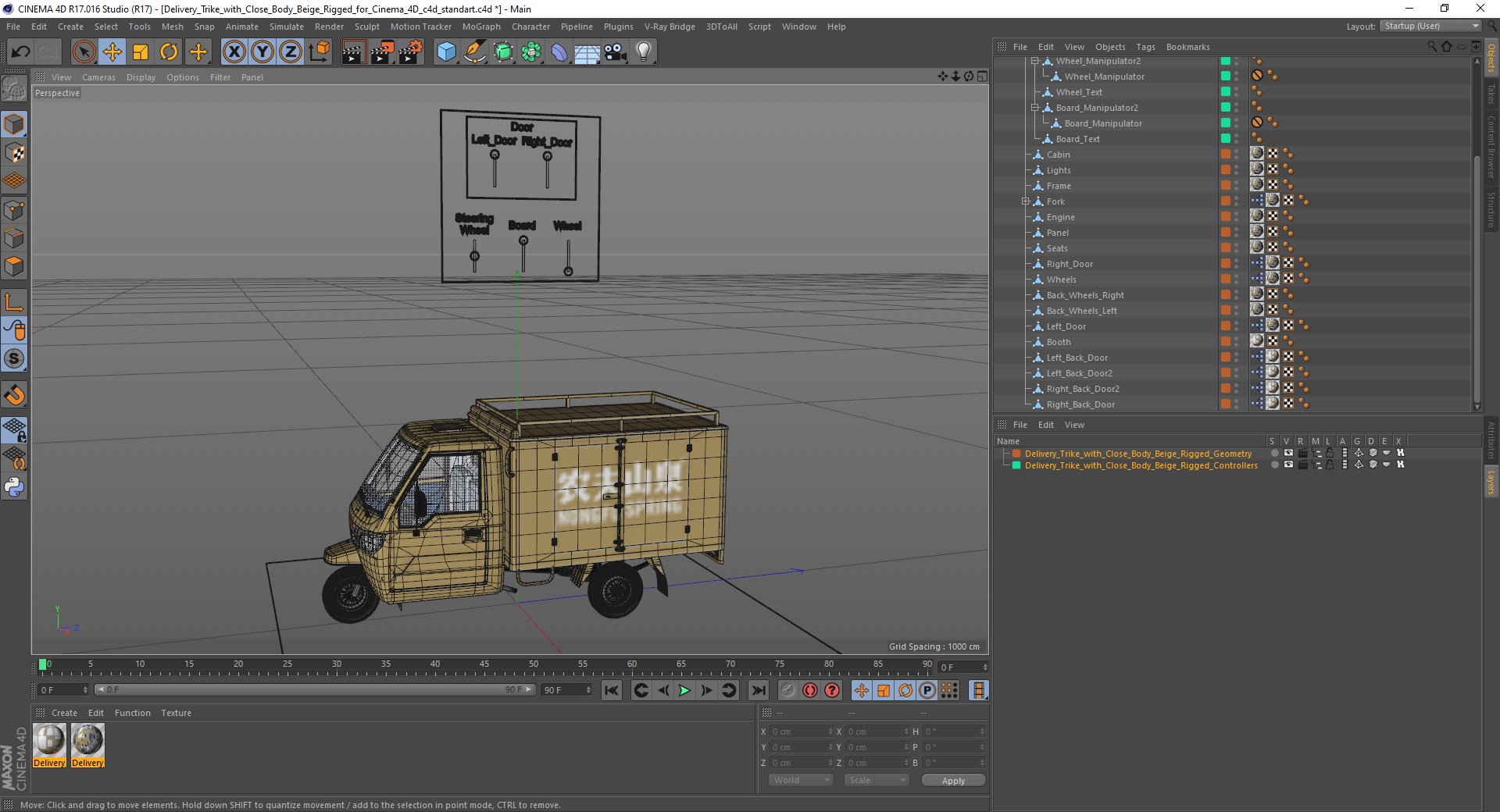 Delivery Trike with Close Body Beige Rigged for Cinema 4D 3D