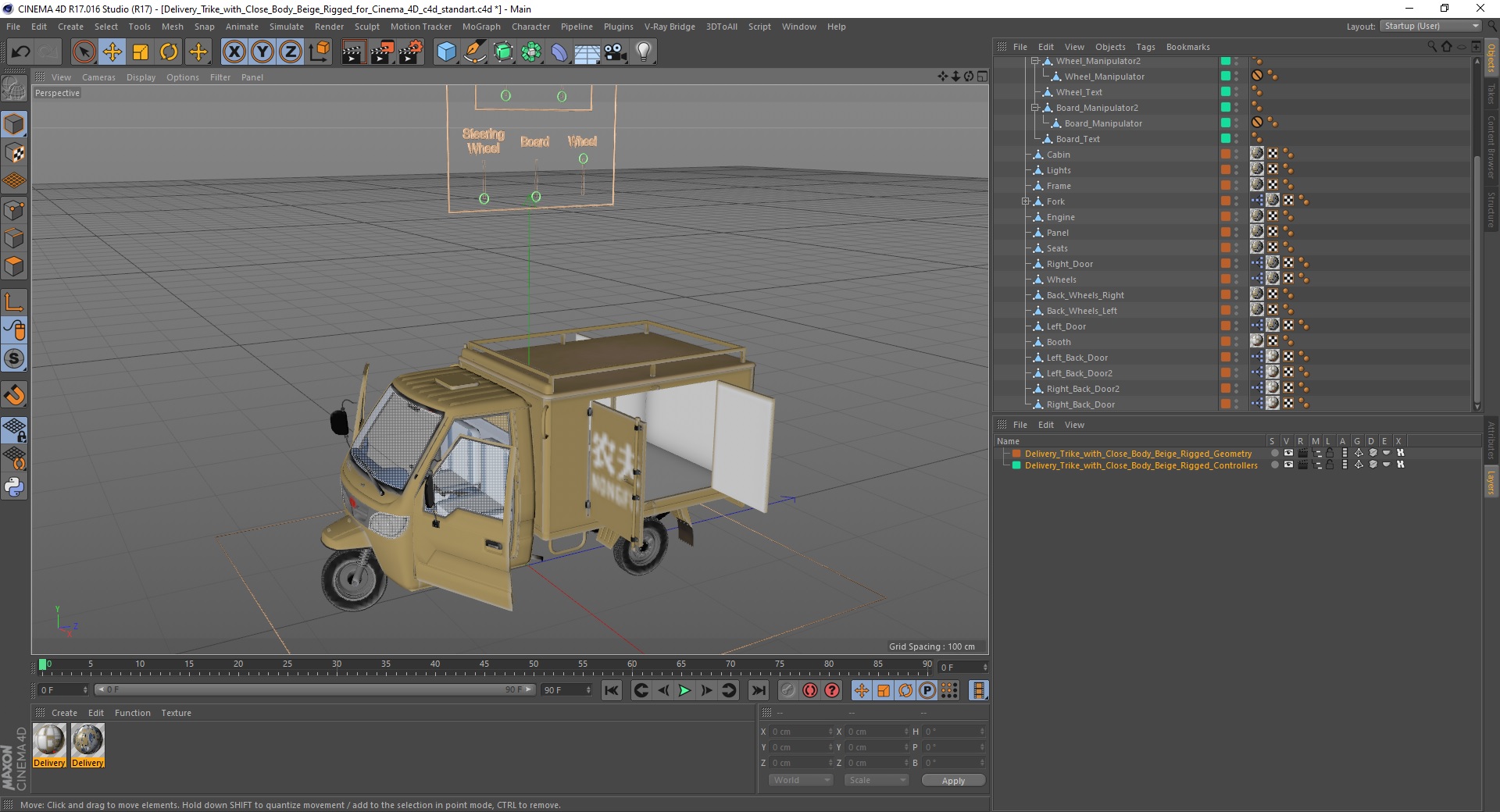 Delivery Trike with Close Body Beige Rigged for Cinema 4D 3D