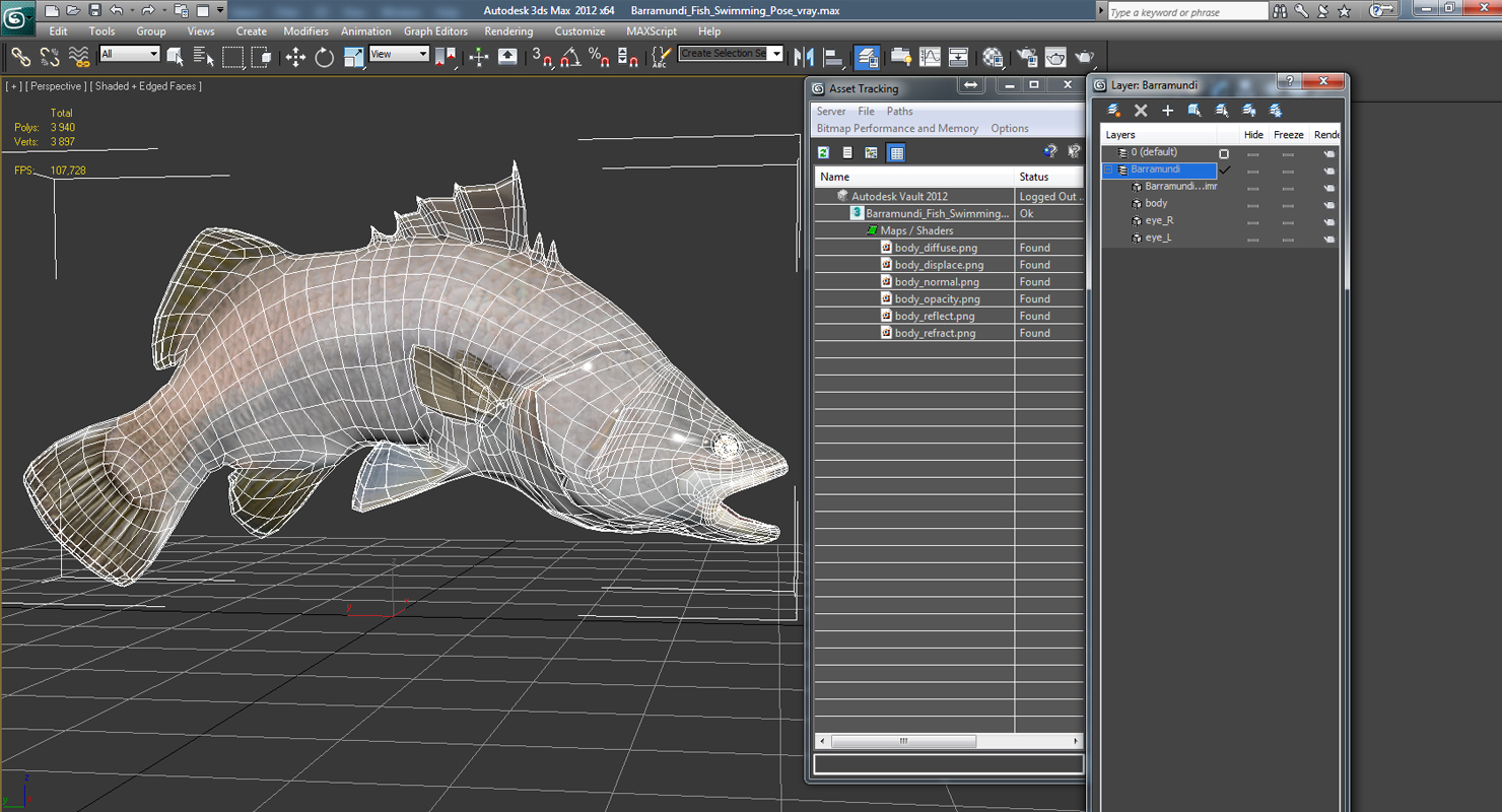 Barramundi Fish Swimming Pose 3D model