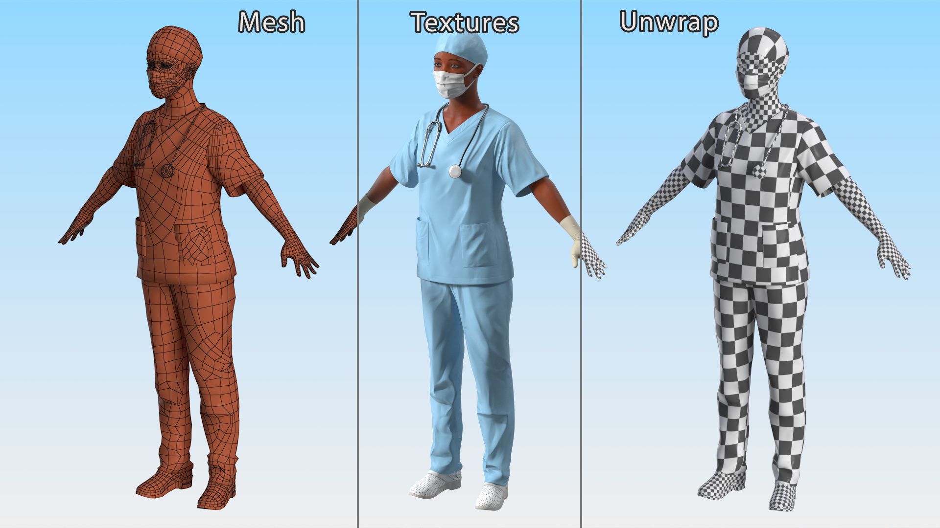 3D Female Doctor in Scrubs with Stethoscope and Mask Fur model