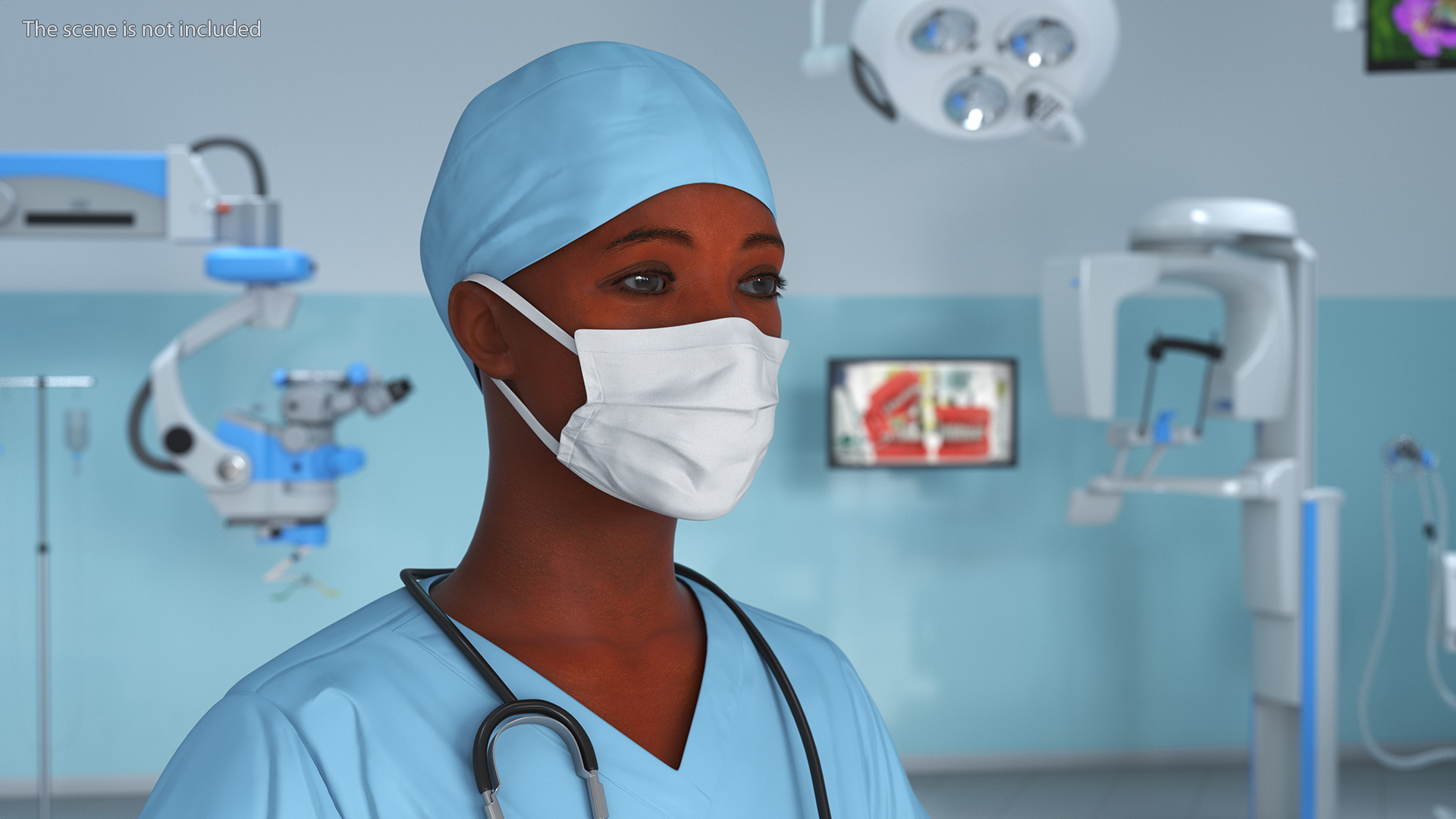 3D Female Doctor in Scrubs with Stethoscope and Mask Fur model
