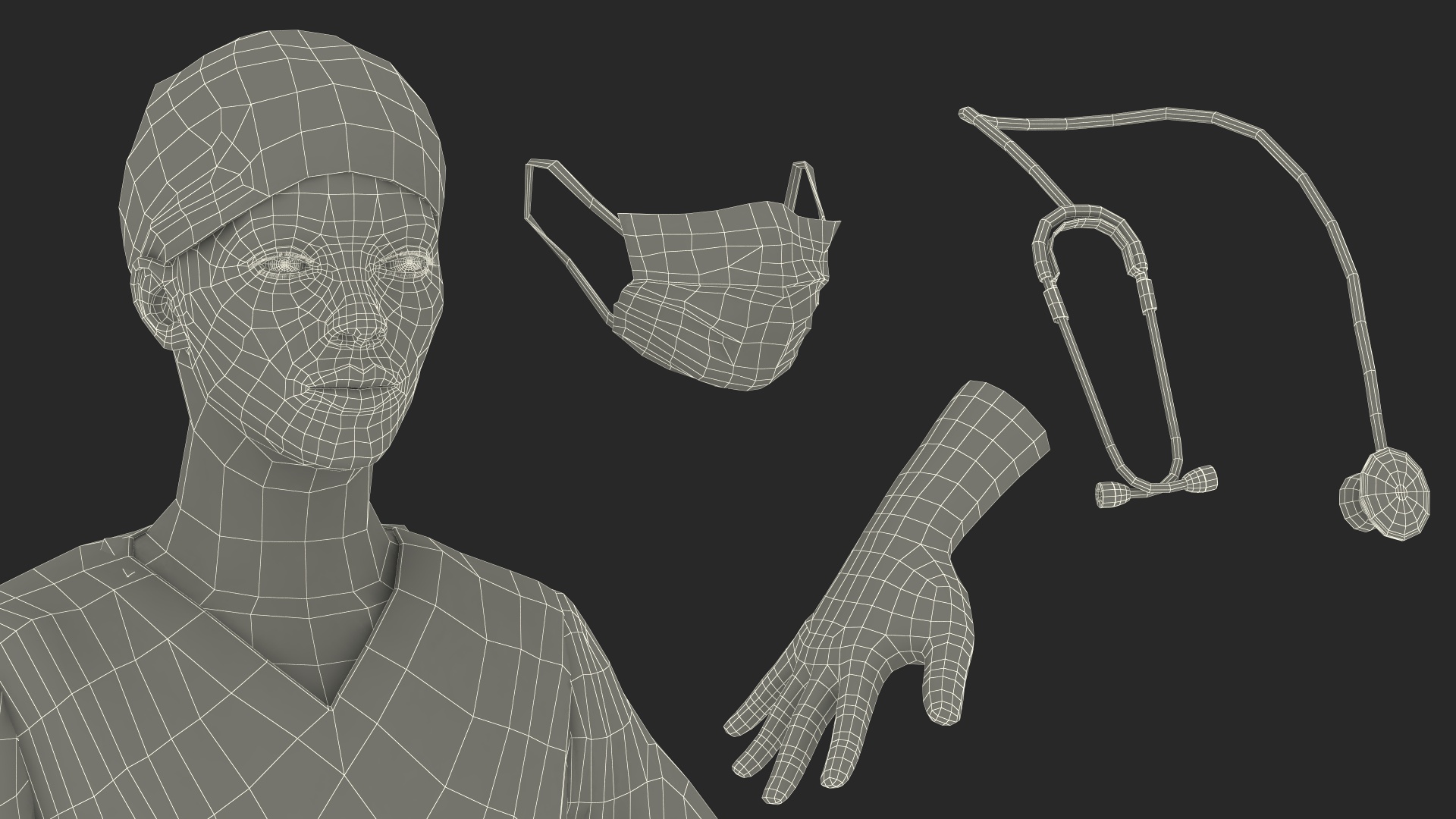 3D Female Doctor in Scrubs with Stethoscope and Mask Fur model