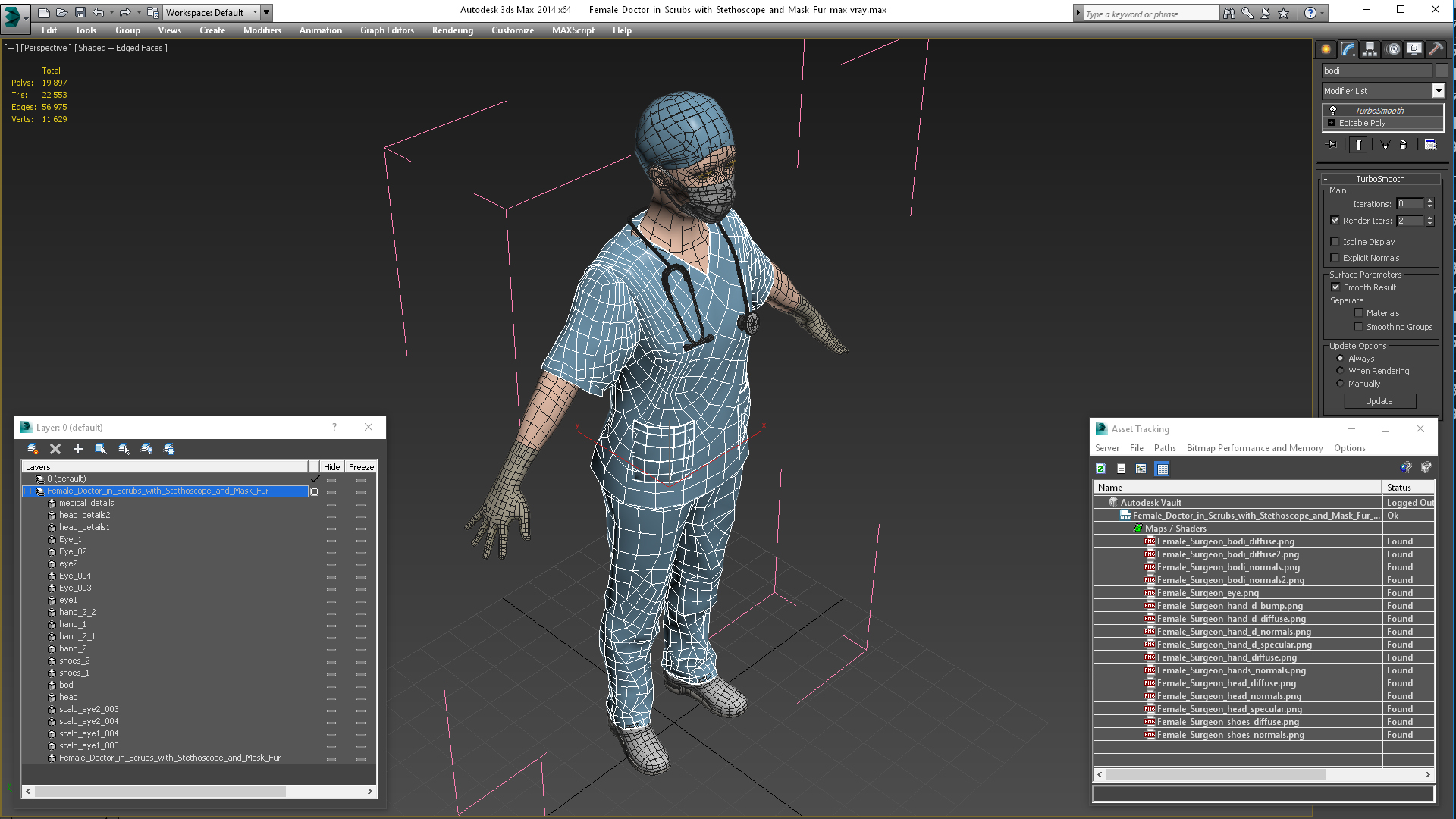 3D Female Doctor in Scrubs with Stethoscope and Mask Fur model