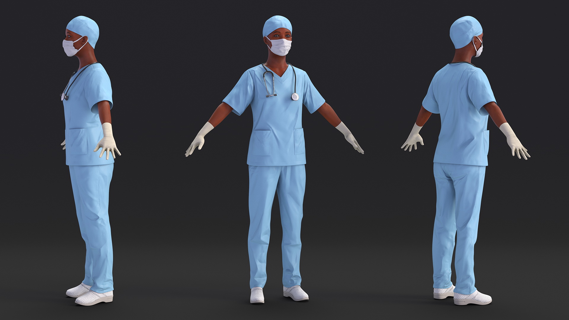 3D Female Doctor in Scrubs with Stethoscope and Mask Fur model