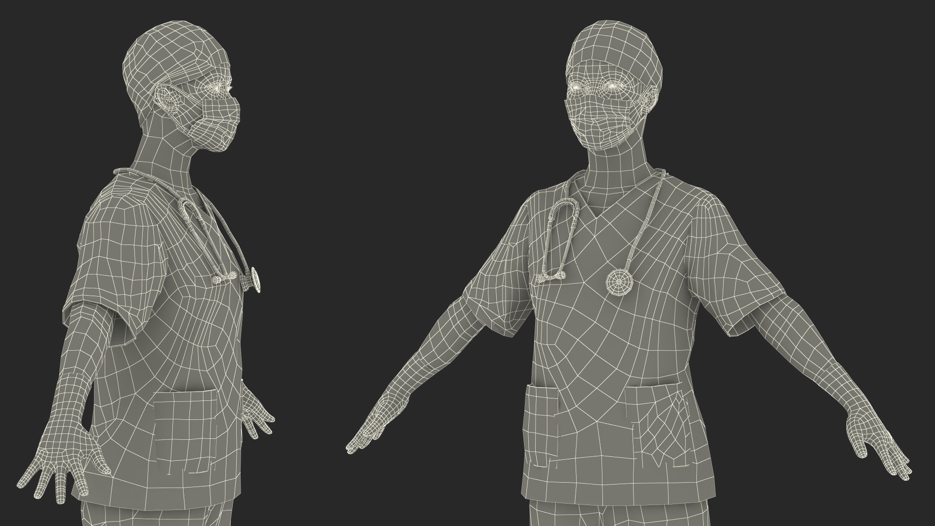 3D Female Doctor in Scrubs with Stethoscope and Mask Fur model