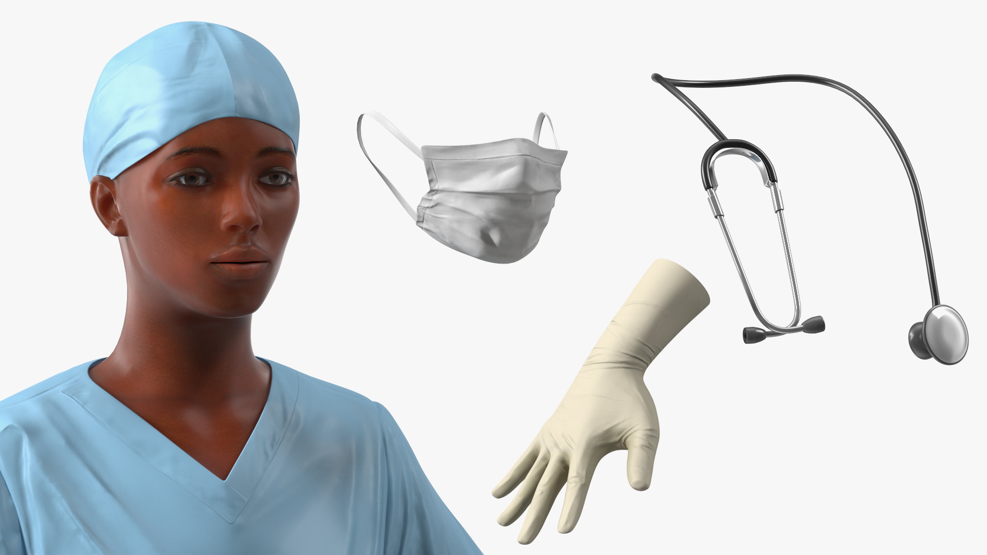 3D Female Doctor in Scrubs with Stethoscope and Mask Fur model