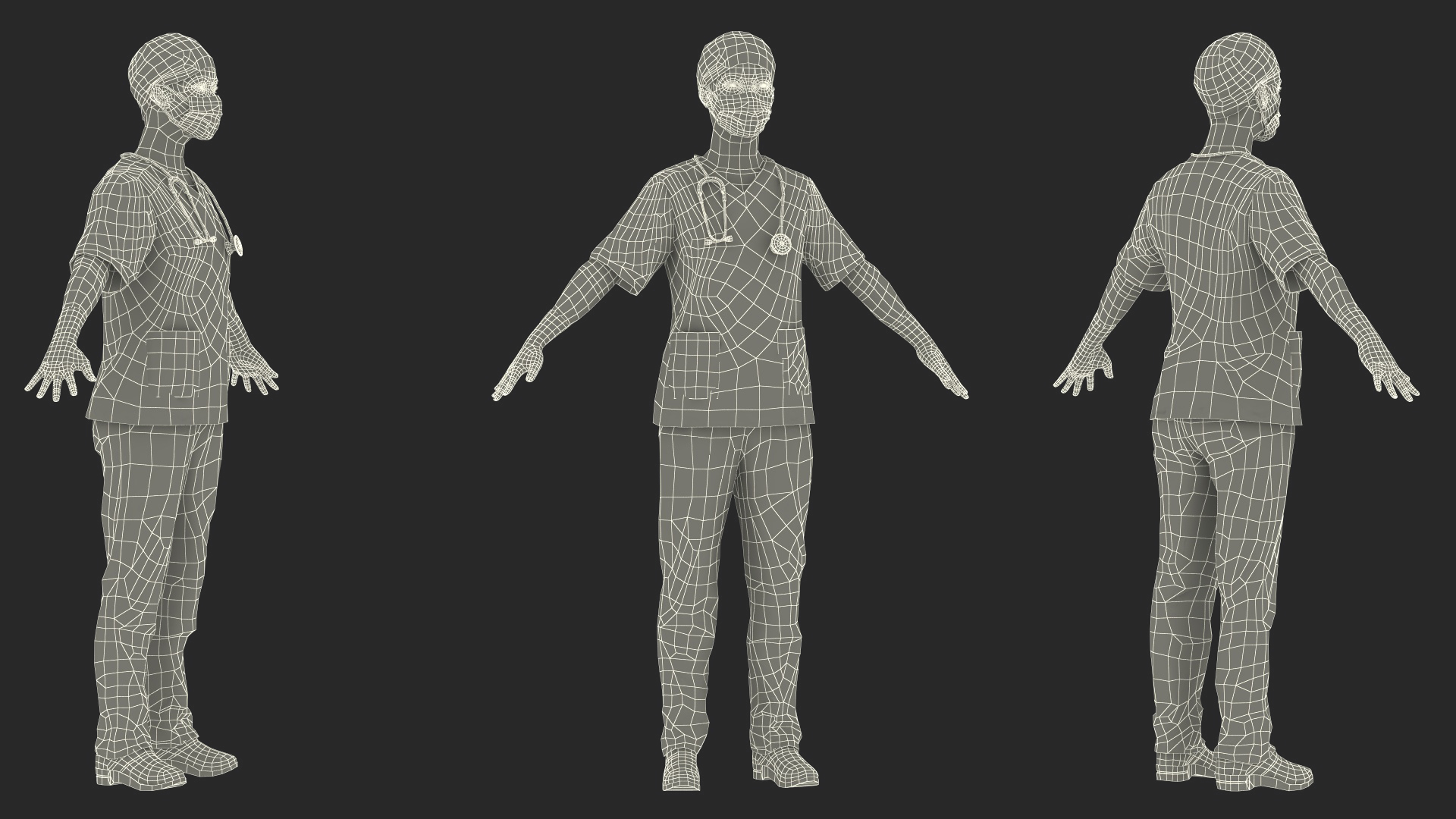 3D Female Doctor in Scrubs with Stethoscope and Mask Fur model