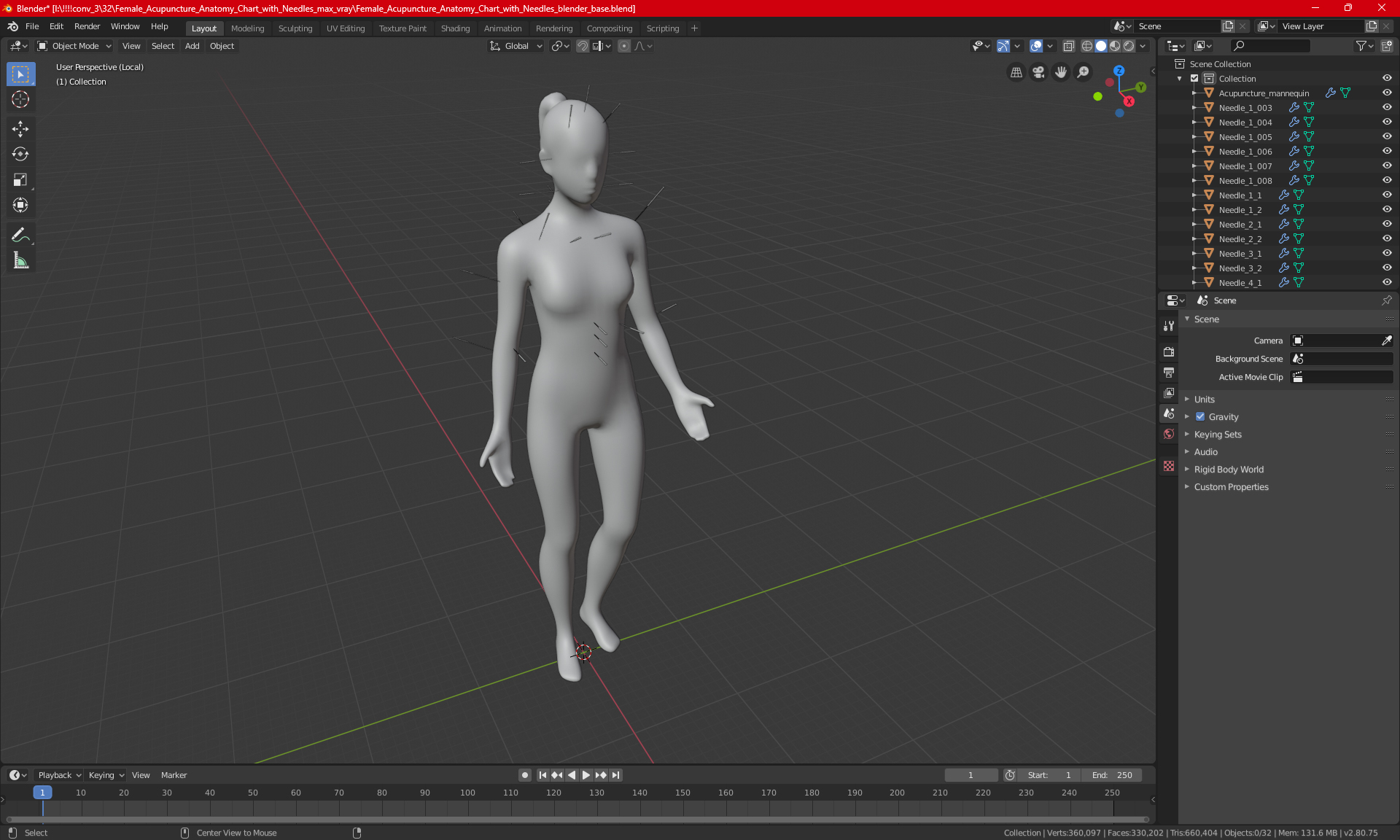 3D model Female Acupuncture Anatomy Chart with Needles
