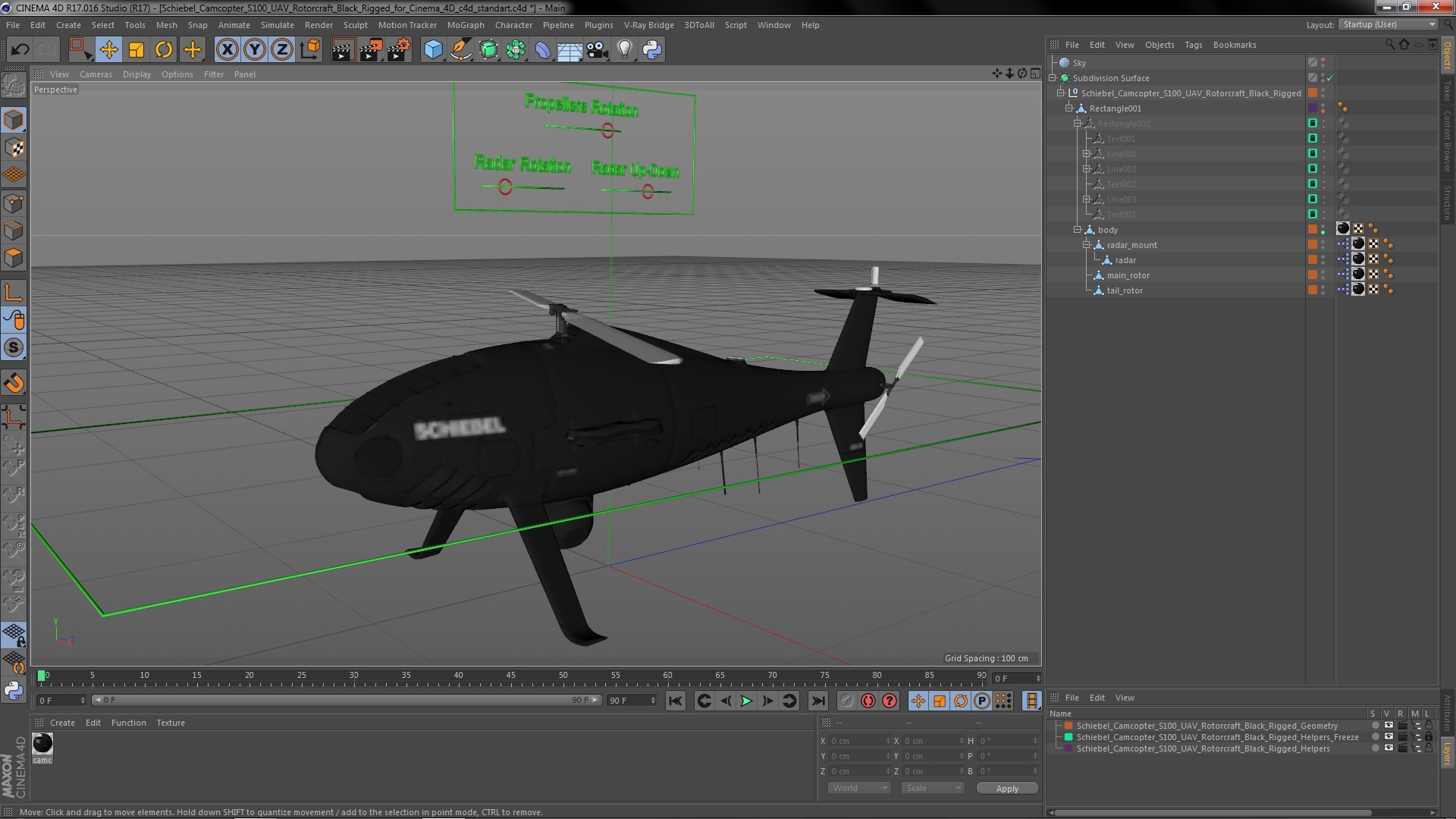 3D model Schiebel Camcopter S100 UAV Rotorcraft Black Rigged for Cinema 4D