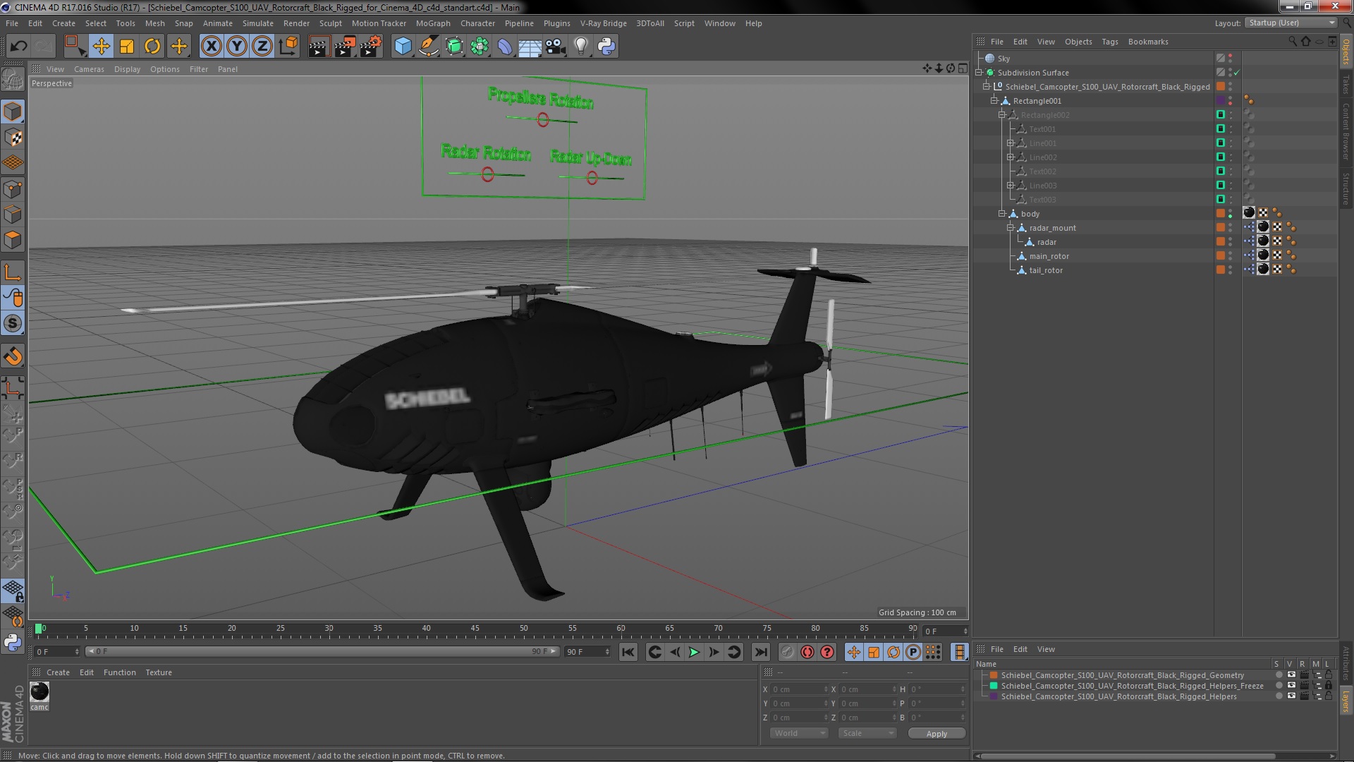3D model Schiebel Camcopter S100 UAV Rotorcraft Black Rigged for Cinema 4D