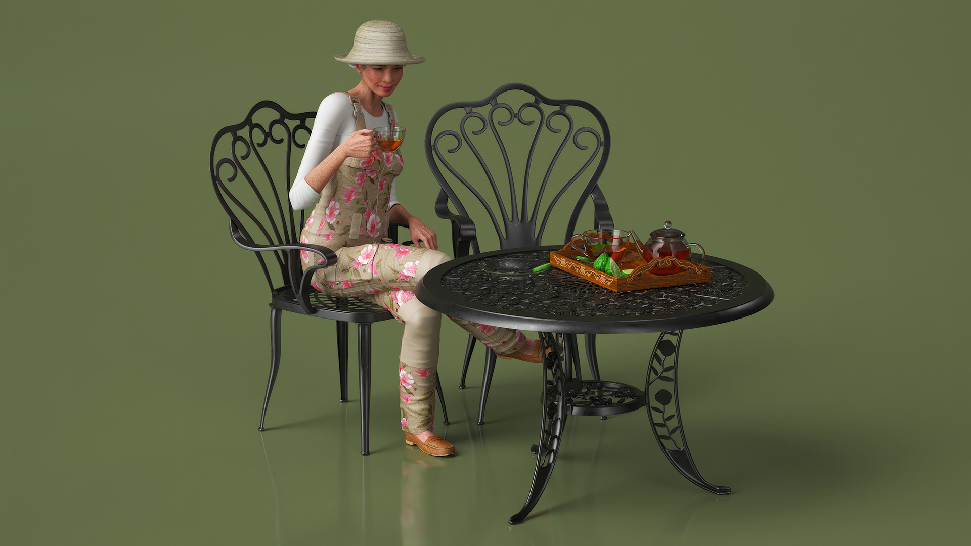 3D Woman Having Tea in Garden