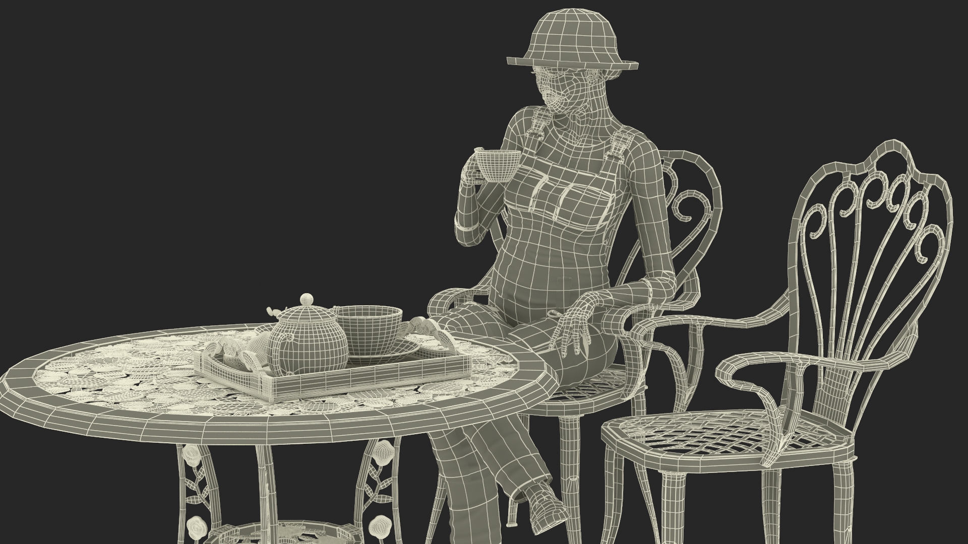 3D Woman Having Tea in Garden