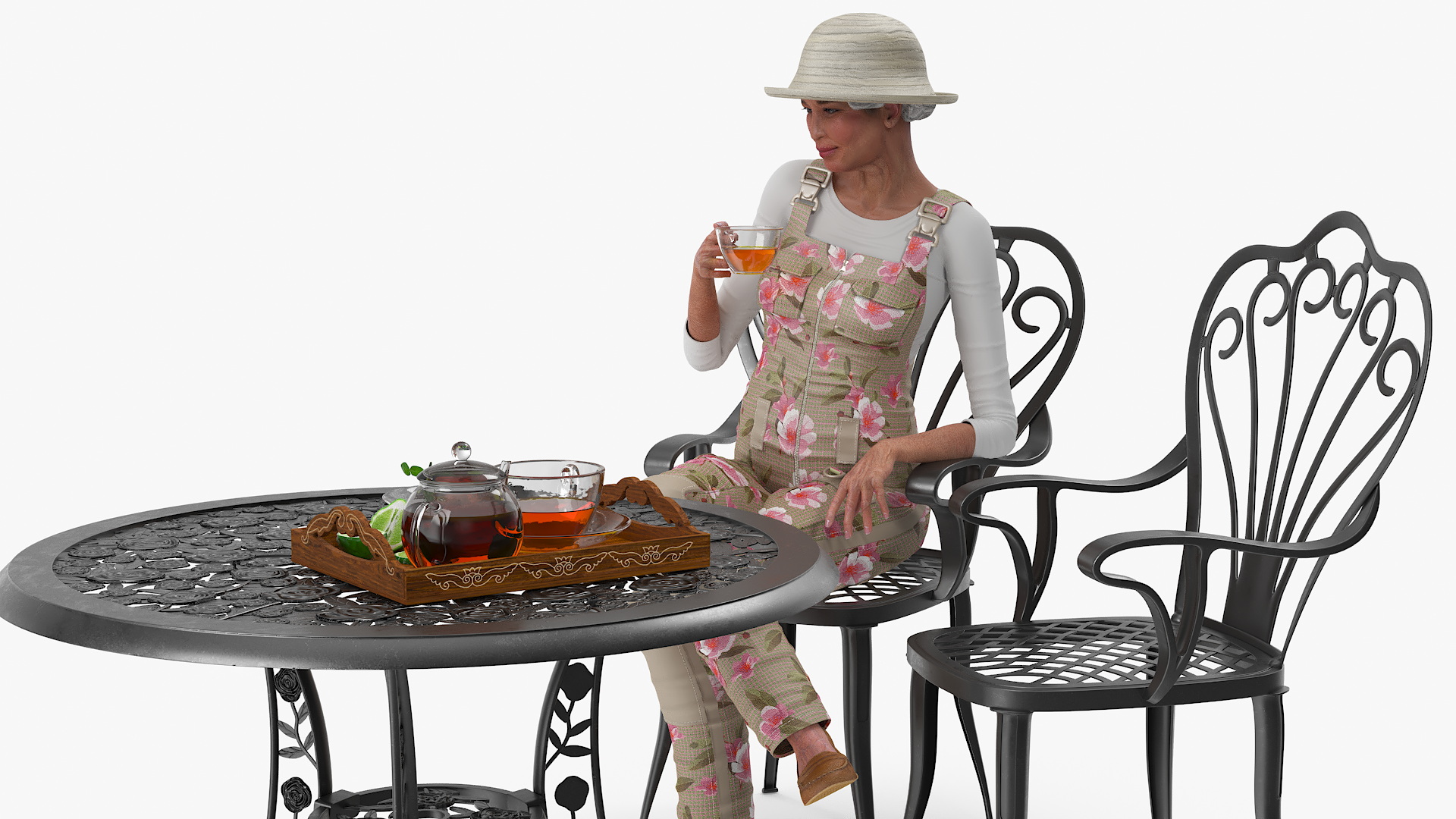 3D Woman Having Tea in Garden