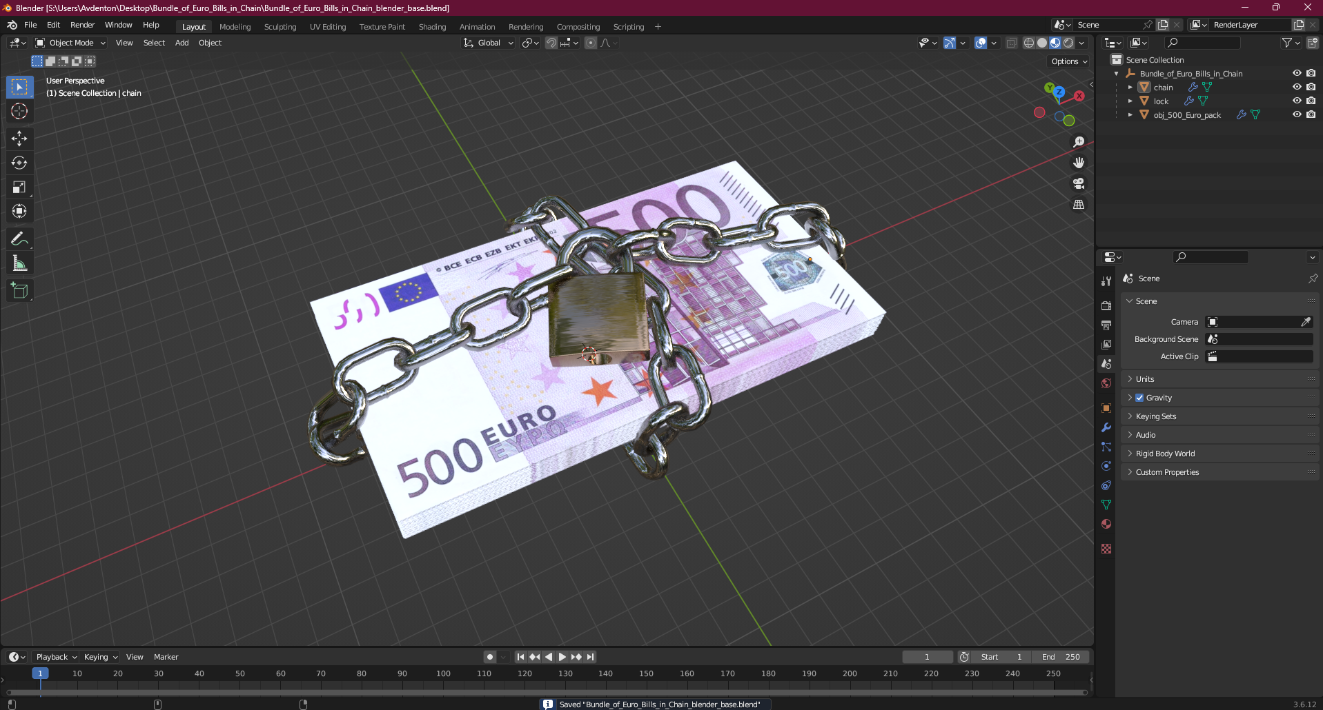 Bundle of Euro Bills in Chain 3D model