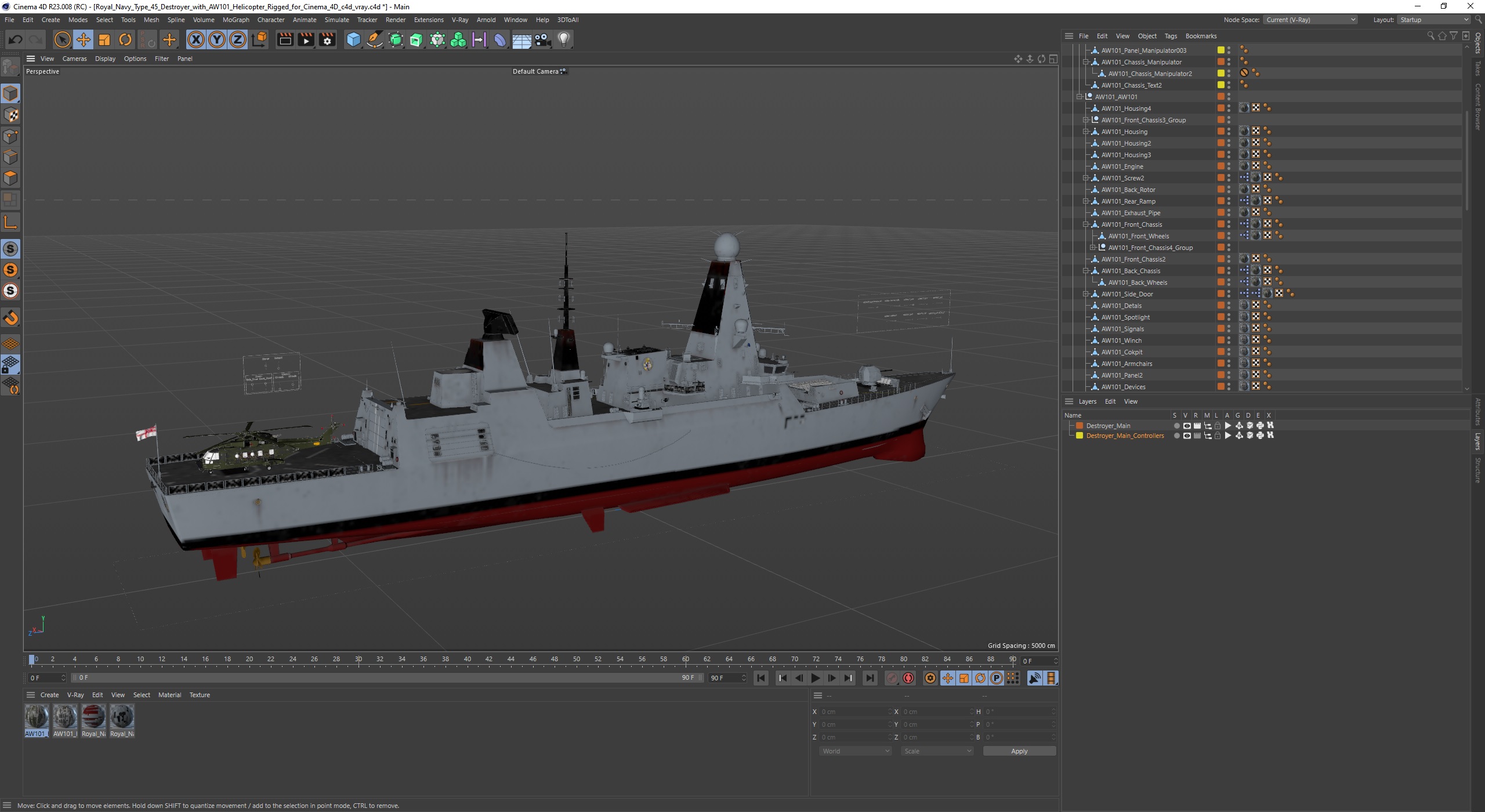 3D Royal Navy Type 45 Destroyer with AW101 Helicopter Rigged for Cinema 4D