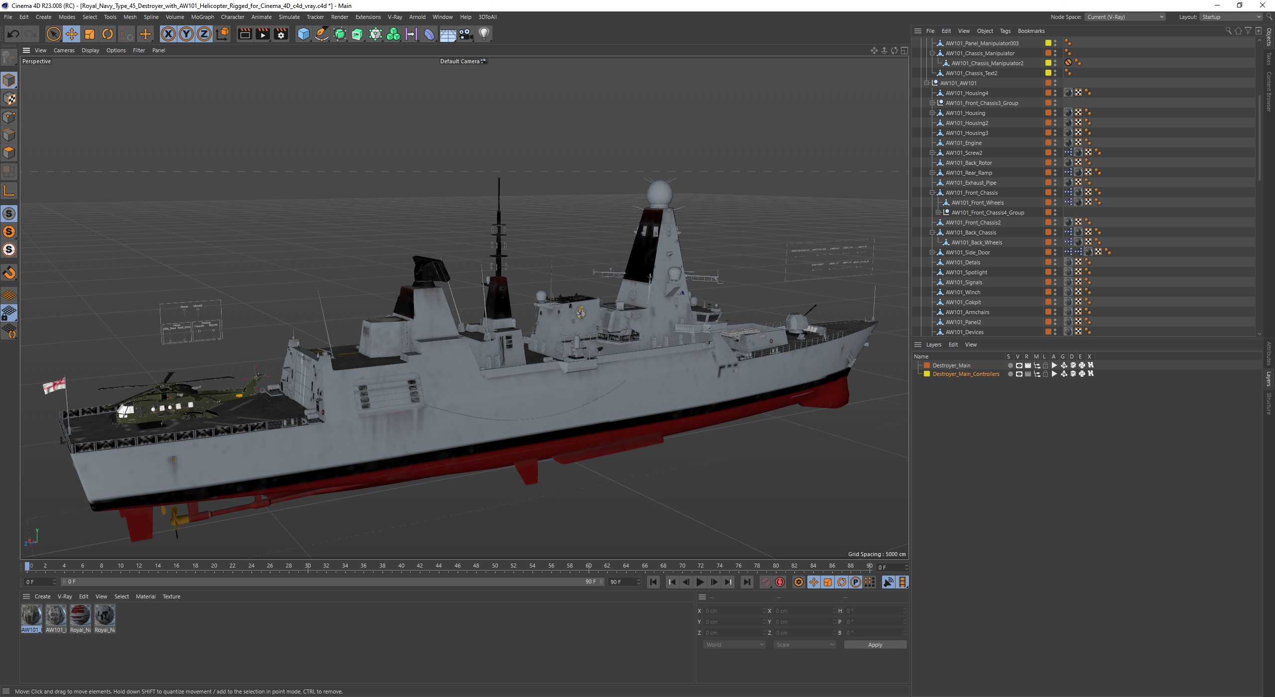 3D Royal Navy Type 45 Destroyer with AW101 Helicopter Rigged for Cinema 4D