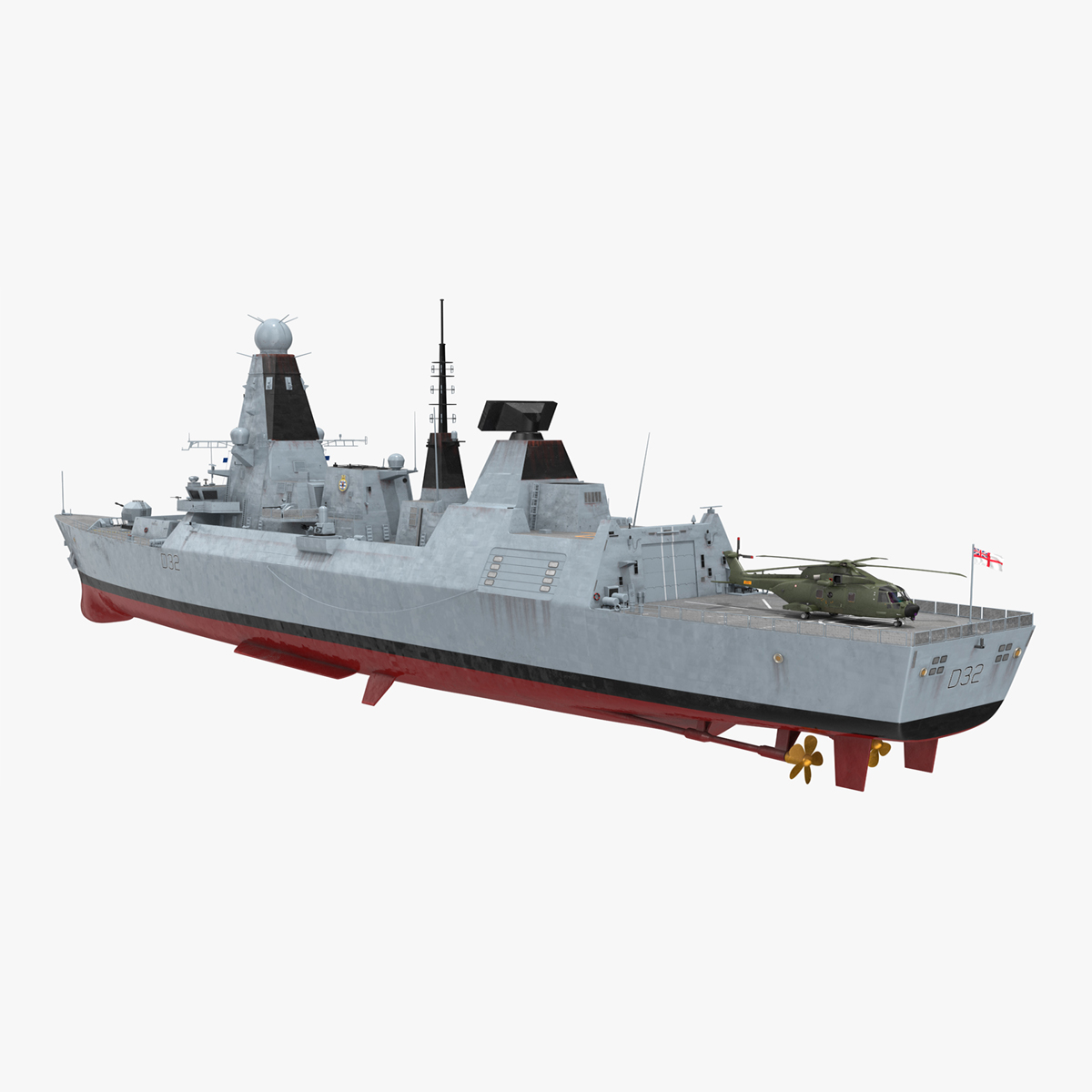 3D Royal Navy Type 45 Destroyer with AW101 Helicopter Rigged for Cinema 4D