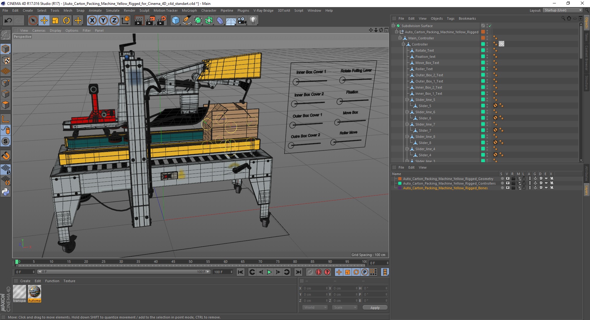 3D model Auto Carton Packing Machine Yellow Rigged for Cinema 4D