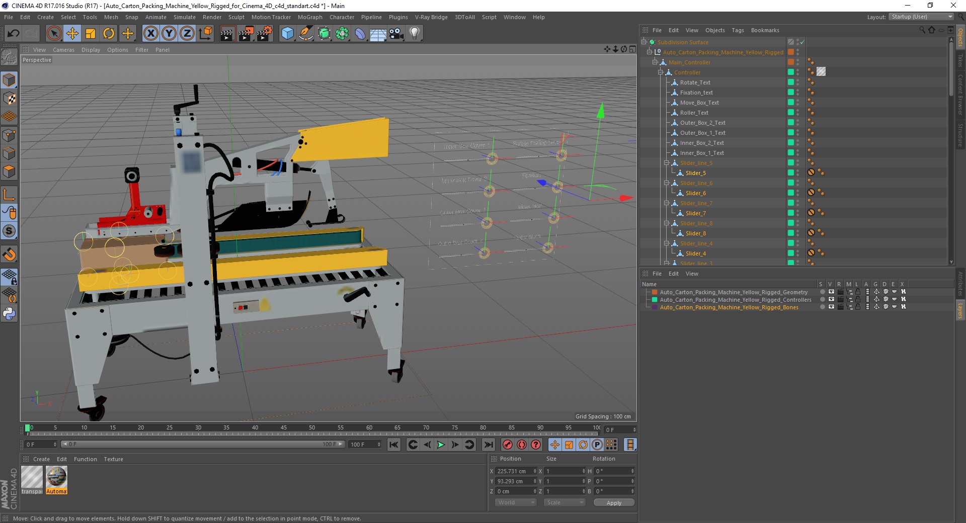 3D model Auto Carton Packing Machine Yellow Rigged for Cinema 4D