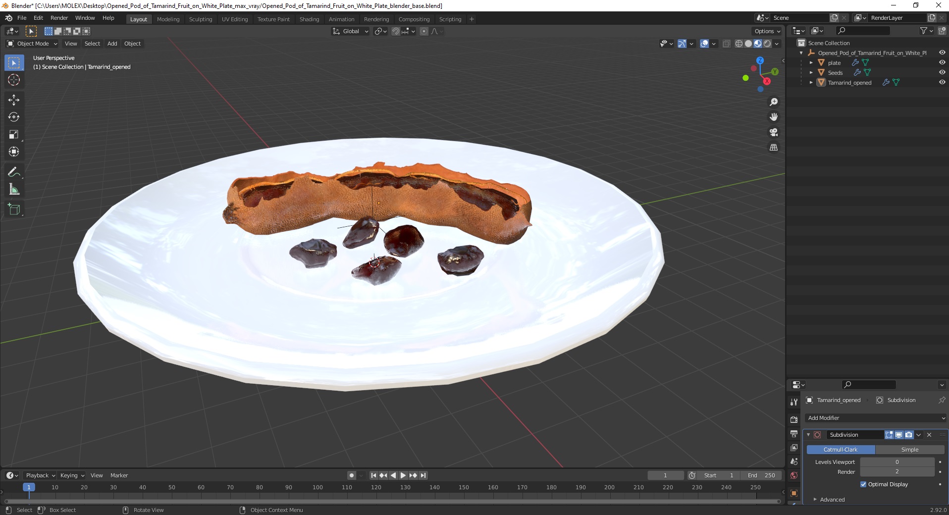 3D Opened Pod of Tamarind Fruit on White Plate model