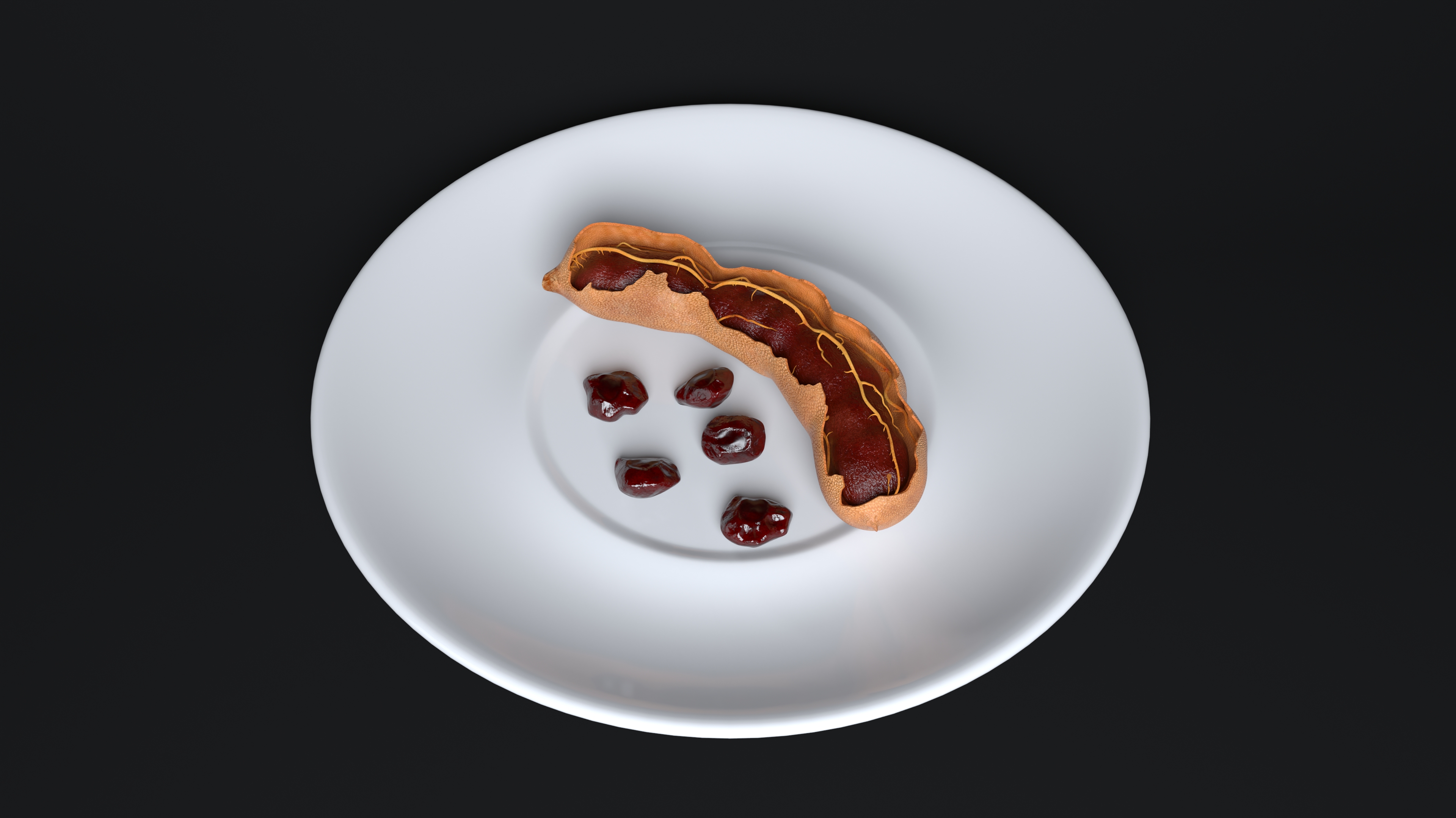 3D Opened Pod of Tamarind Fruit on White Plate model