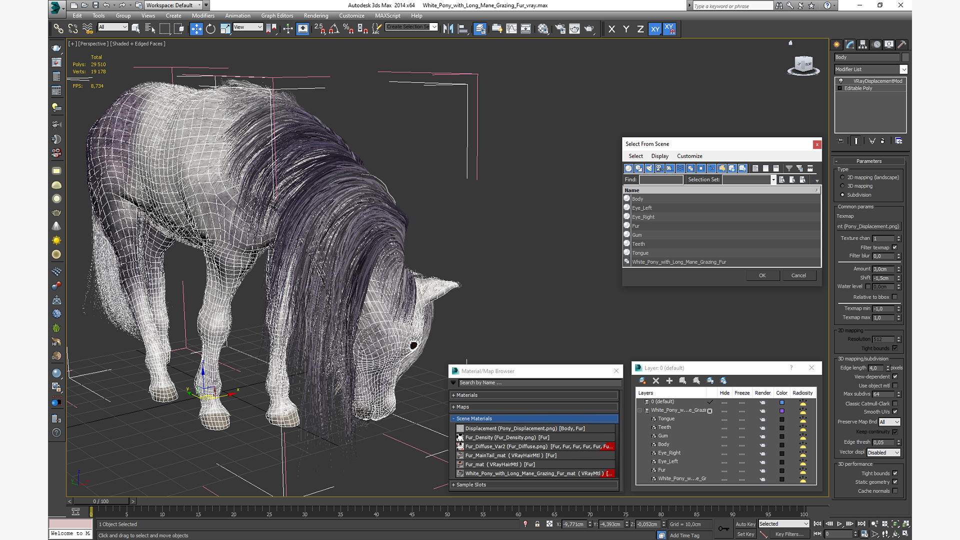 White Pony with Long Mane Grazing Fur 3D