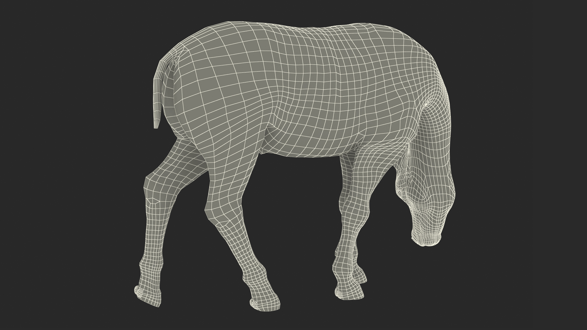 White Pony with Long Mane Grazing Fur 3D