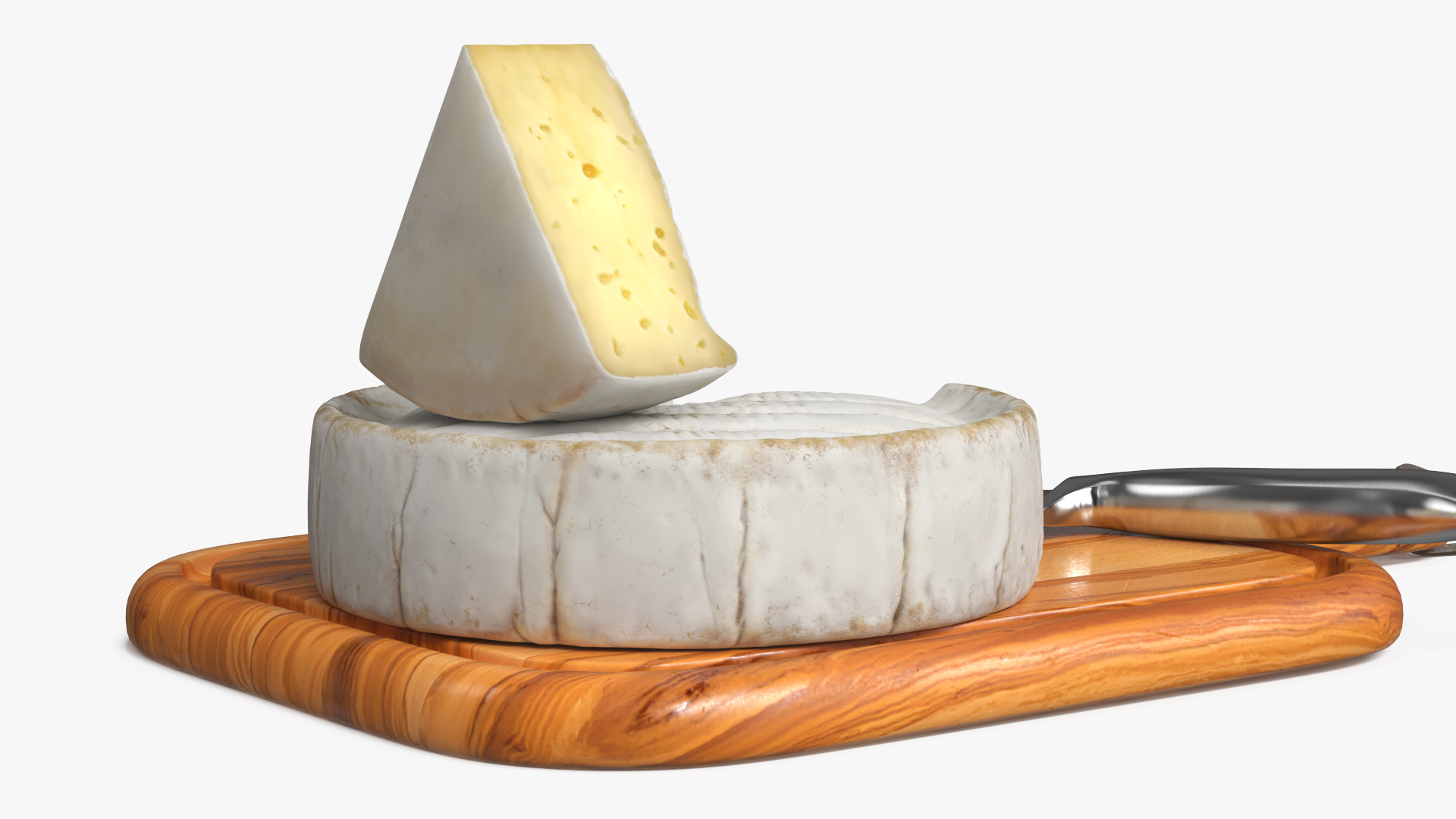 Brie Cheese Wheel on Wooden Board with Knife, view 4