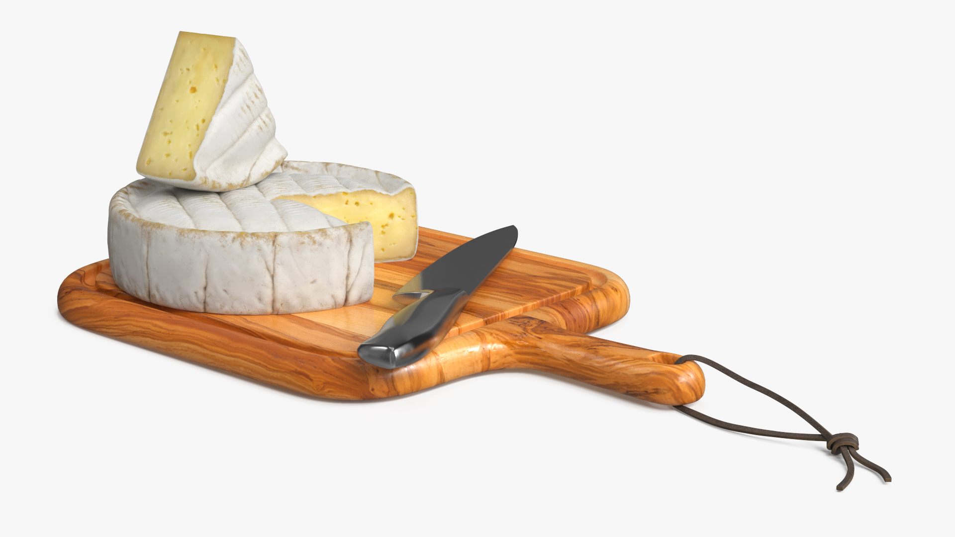 Brie Cheese Wheel on Wooden Board with Knife